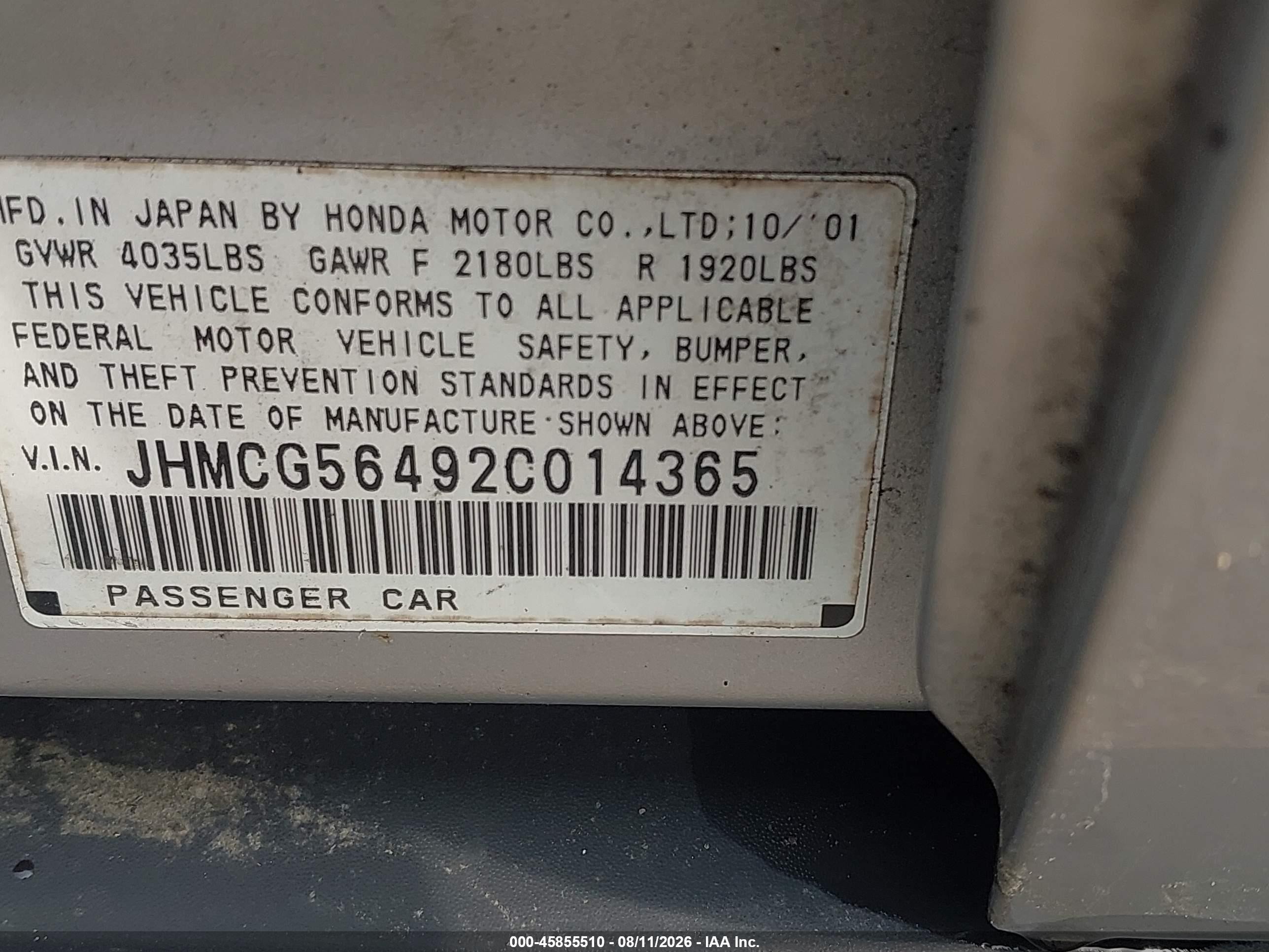 2002 Honda Accord 2.3 Lx Silver vin: JHMCG56492C014365
