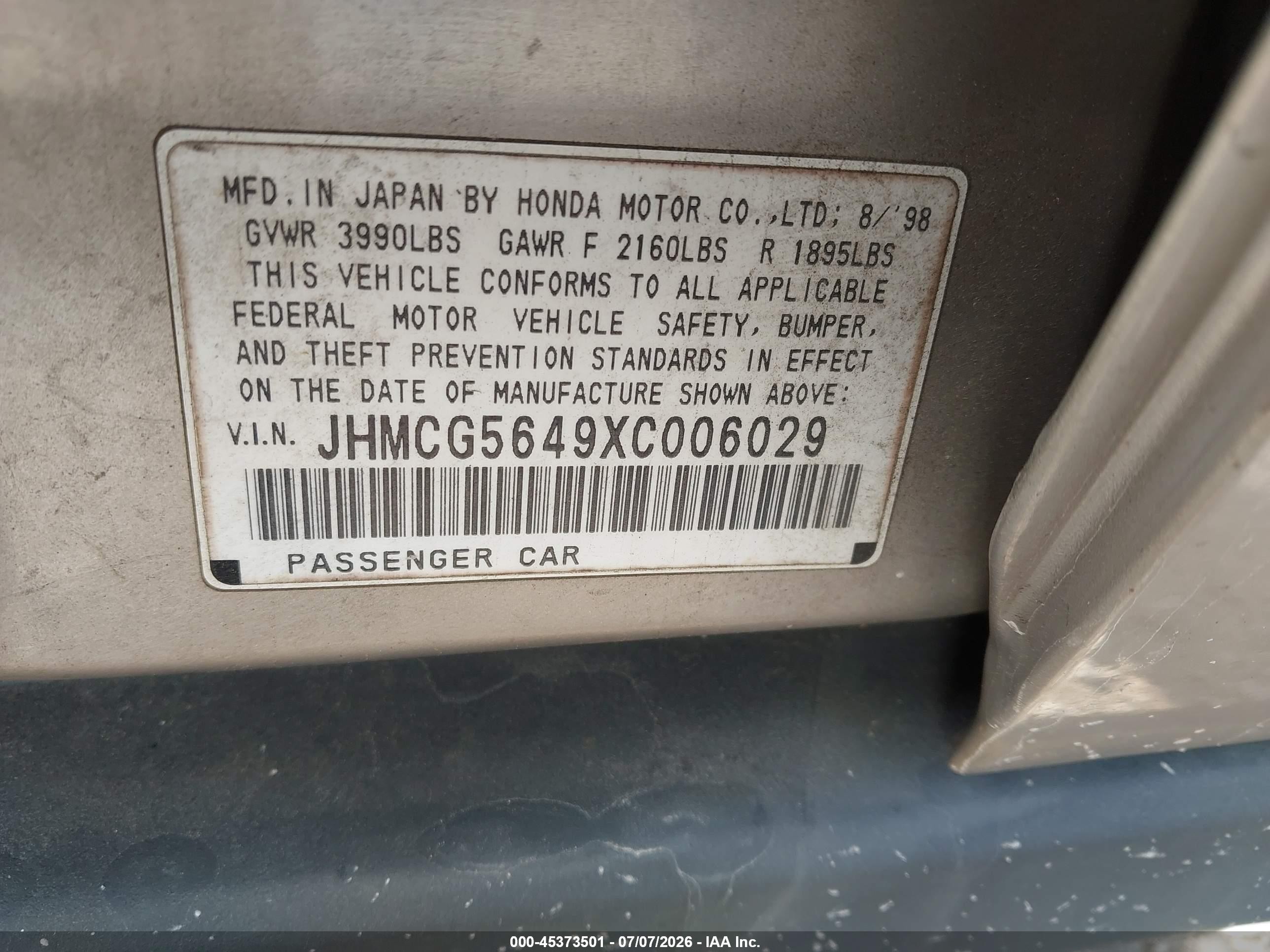 1999 Honda Accord Lx Beige vin: JHMCG5649XC006029