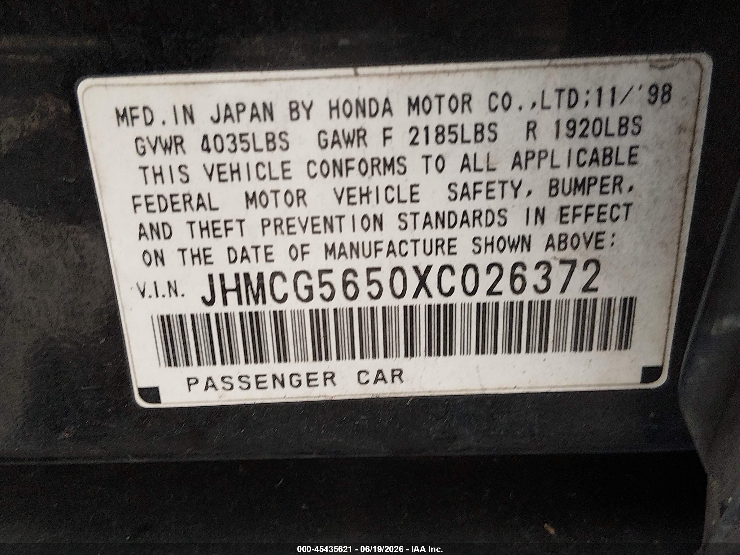 1999 Honda Accord Ex Black vin: JHMCG5650XC026372