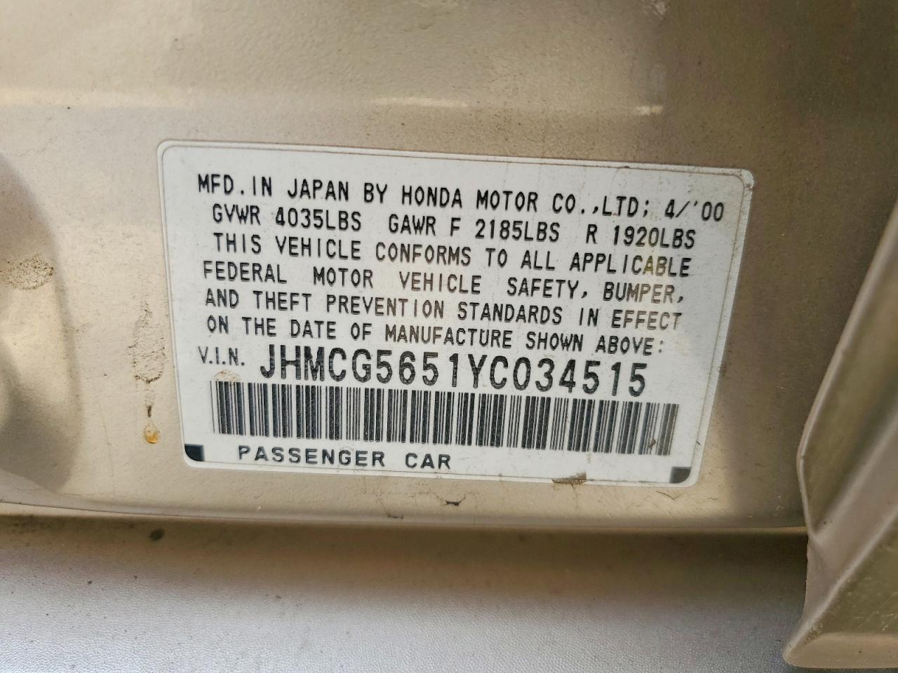 2000 Honda Accord Ex Gold vin: JHMCG5651YC034515