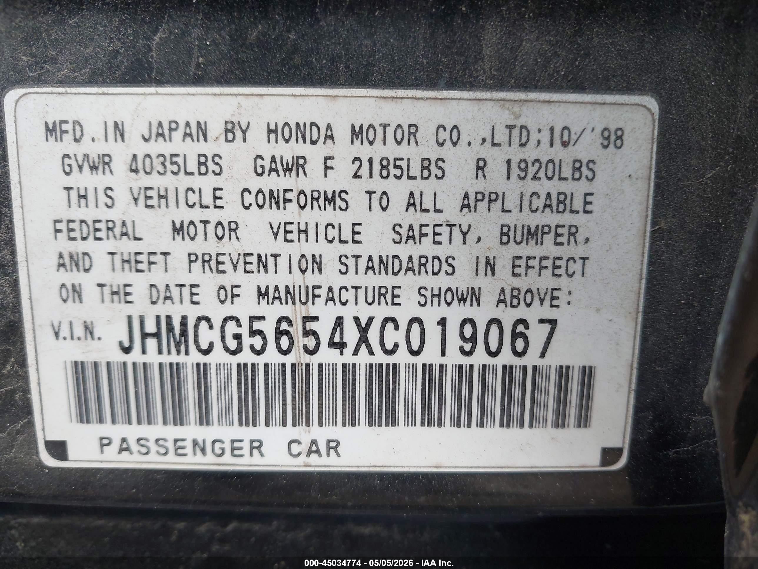 1999 Honda Accord Ex Черный vin: JHMCG5654XC019067