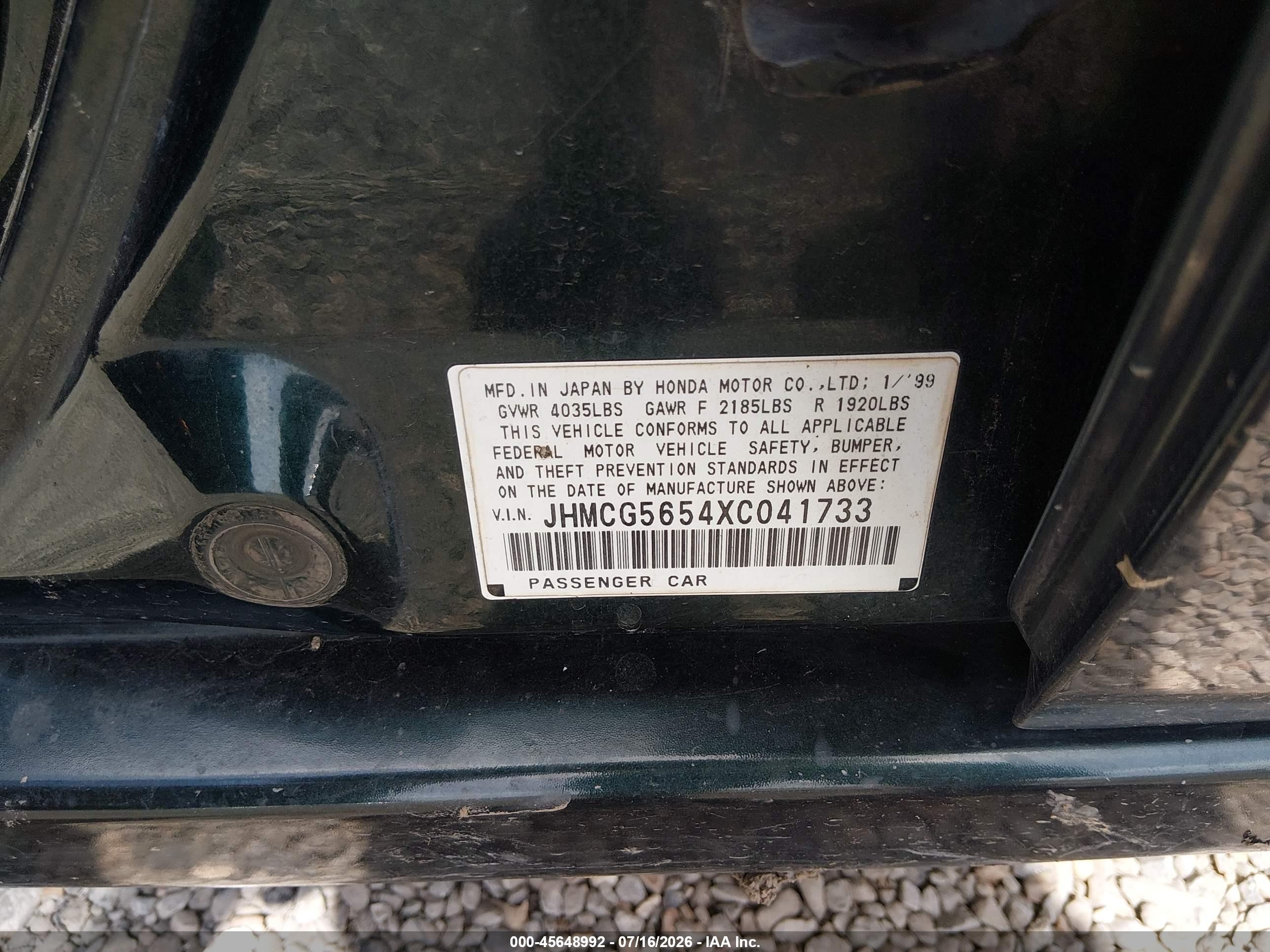 1999 Honda Accord Ex Green vin: JHMCG5654XC041733