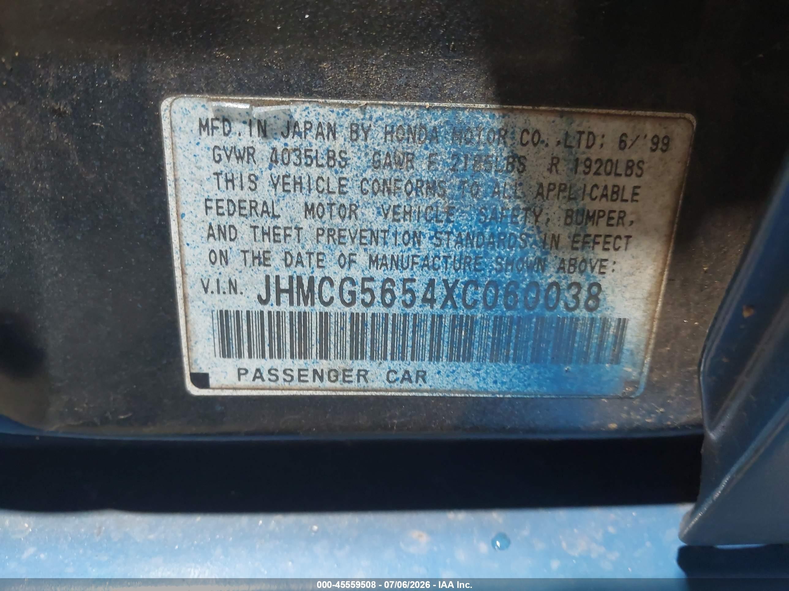 1999 Honda Accord Ex Blue vin: JHMCG5654XC060038