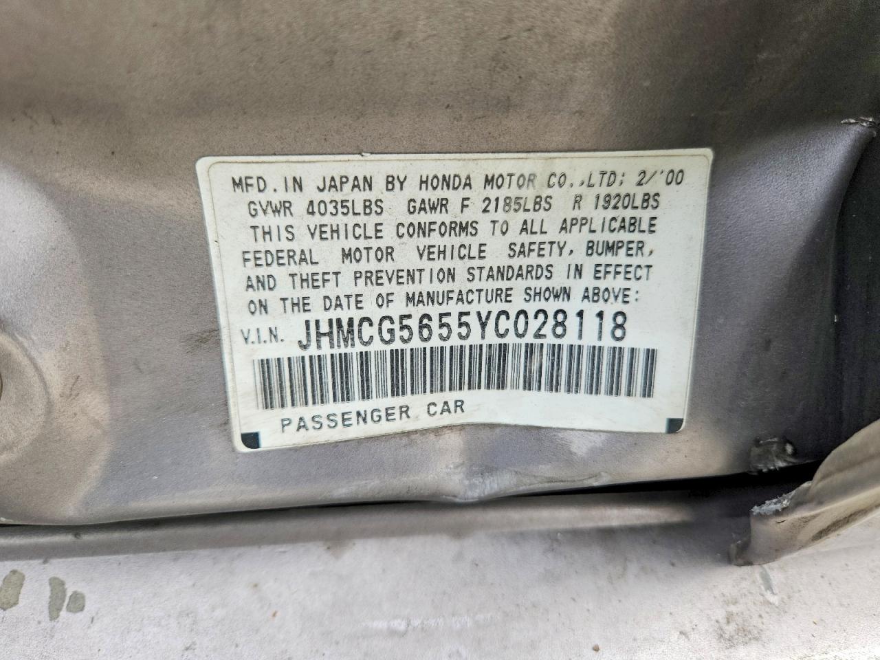 2000 Honda Accord Ex Gray vin: JHMCG5655YC028118