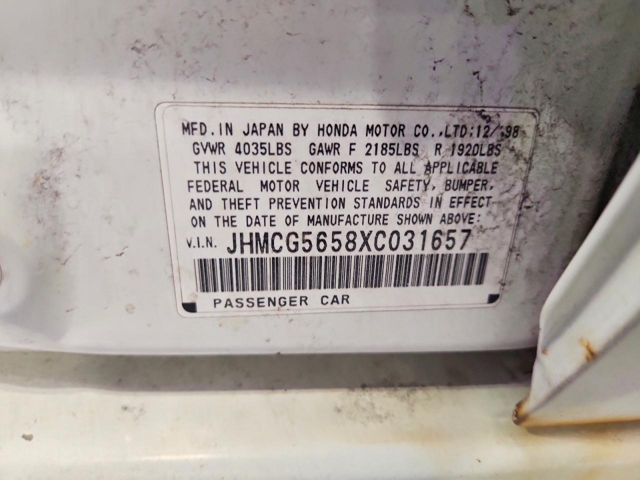 1999 Honda Accord Ex White vin: JHMCG5658XC031657