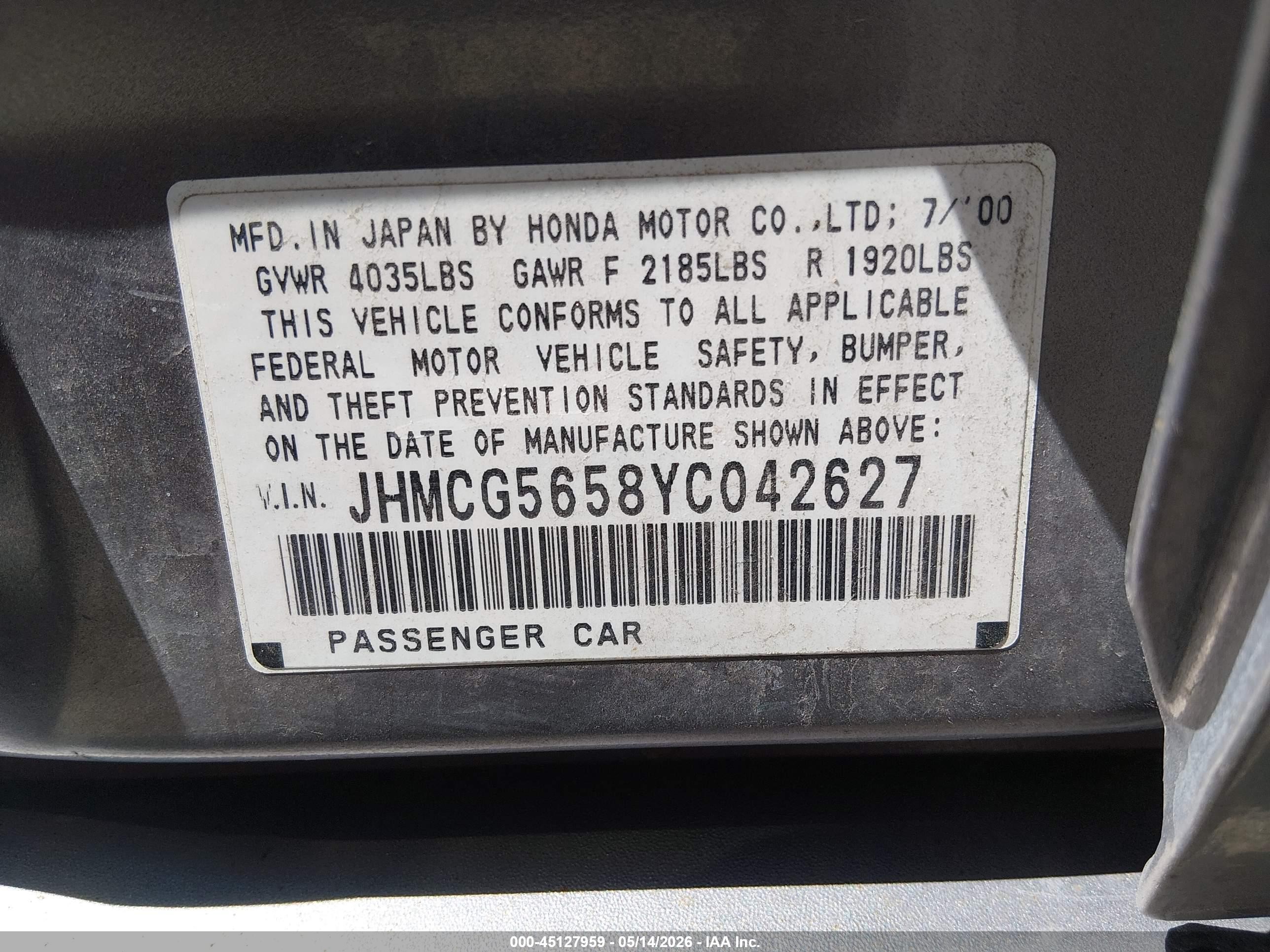 2000 Honda Accord 2.3 Ex Серый vin: JHMCG5658YC042627