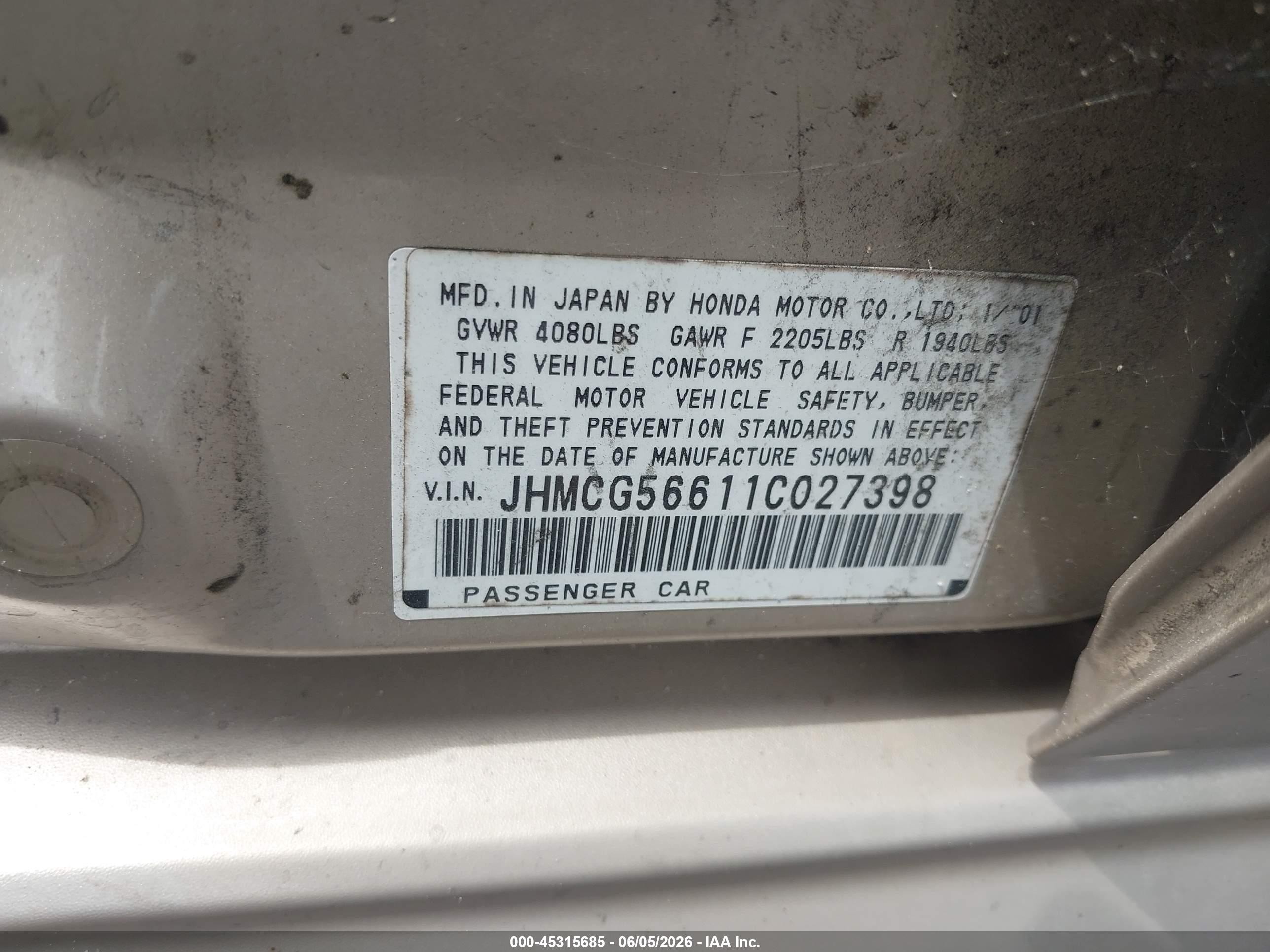 2001 Honda Accord 2.3 Ex Бежевый vin: JHMCG56611C027398