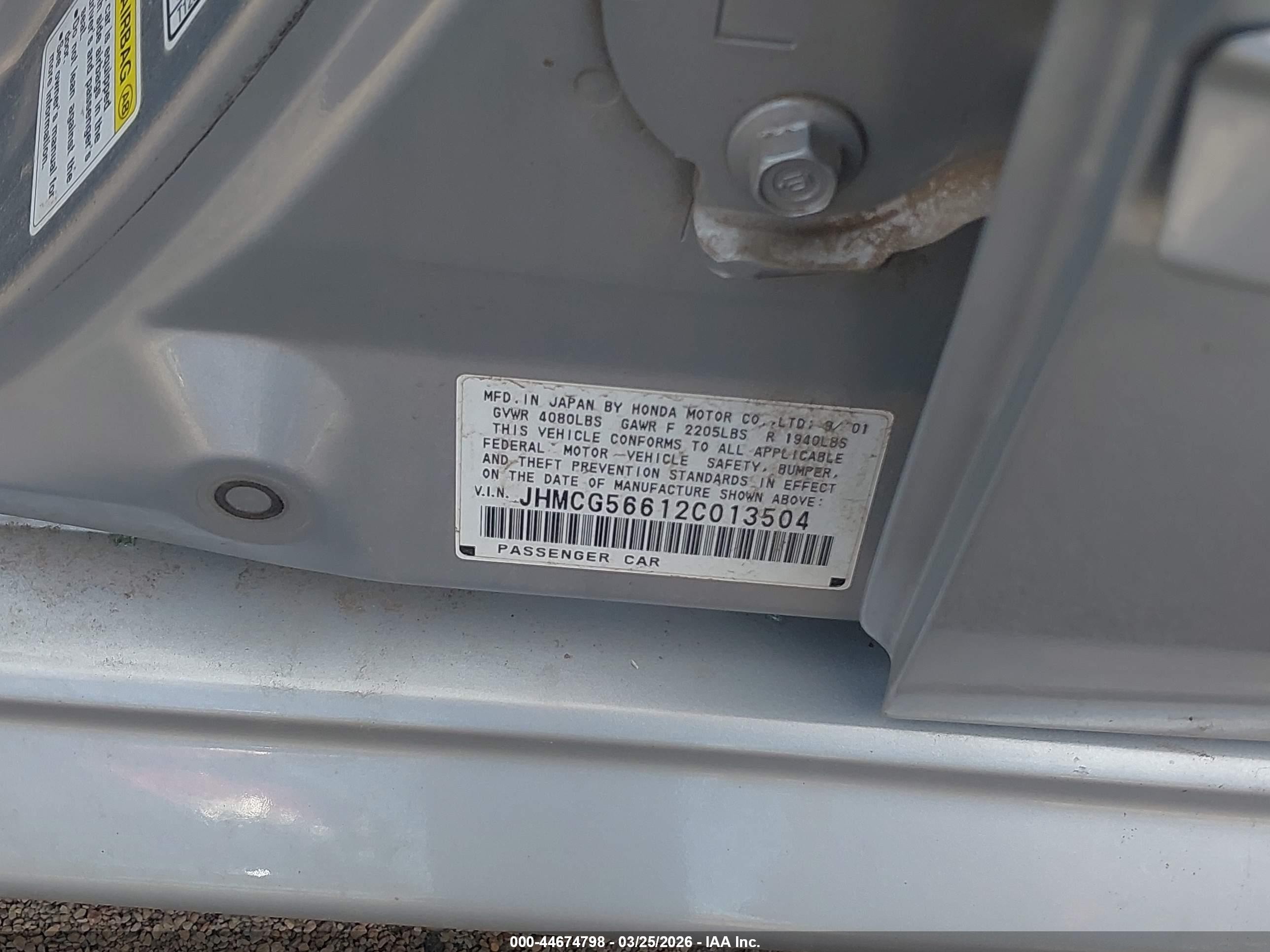 2002 Honda Accord 2.3 Ex Gray vin: JHMCG56612C013504