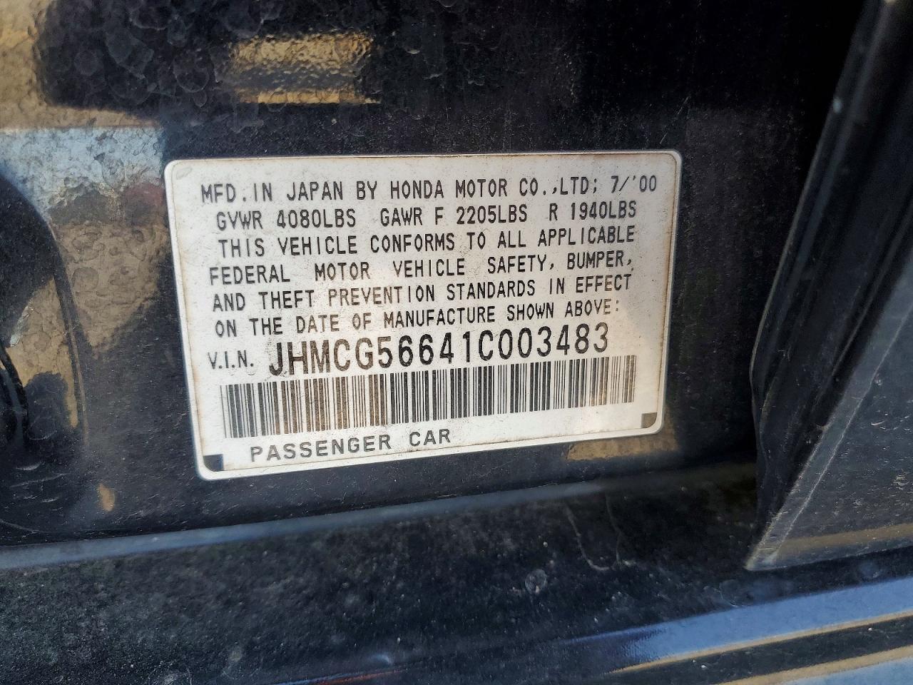 2001 Honda Accord Ex Black vin: JHMCG56641C003483