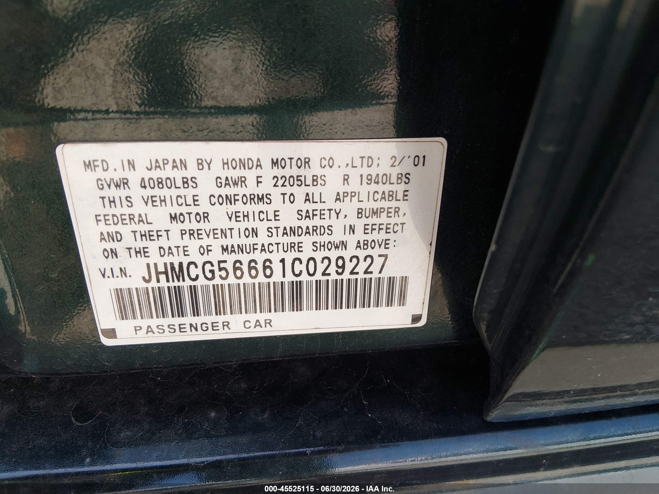 2001 Honda Accord 2.3 Ex Green vin: JHMCG56661C029227