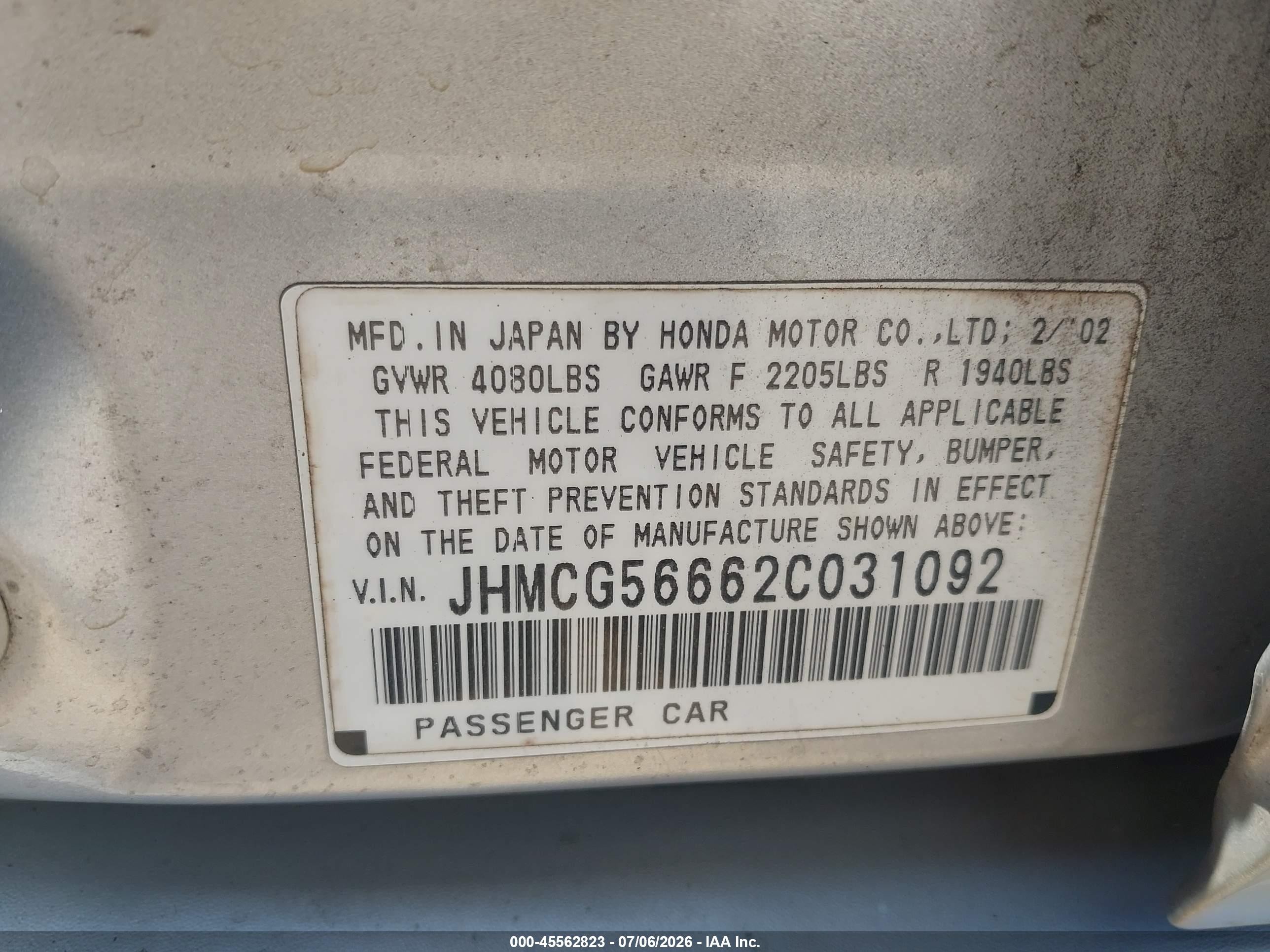 2002 Honda Accord 2.3 Ex Silver vin: JHMCG56662C031092