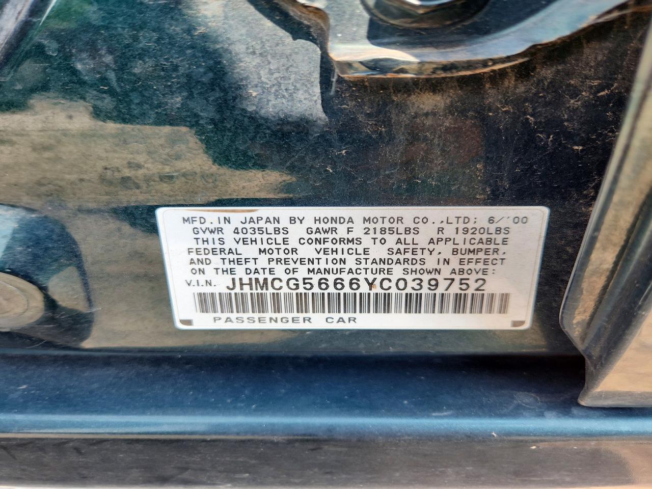 2000 Honda Accord Ex Green vin: JHMCG5666YC039752