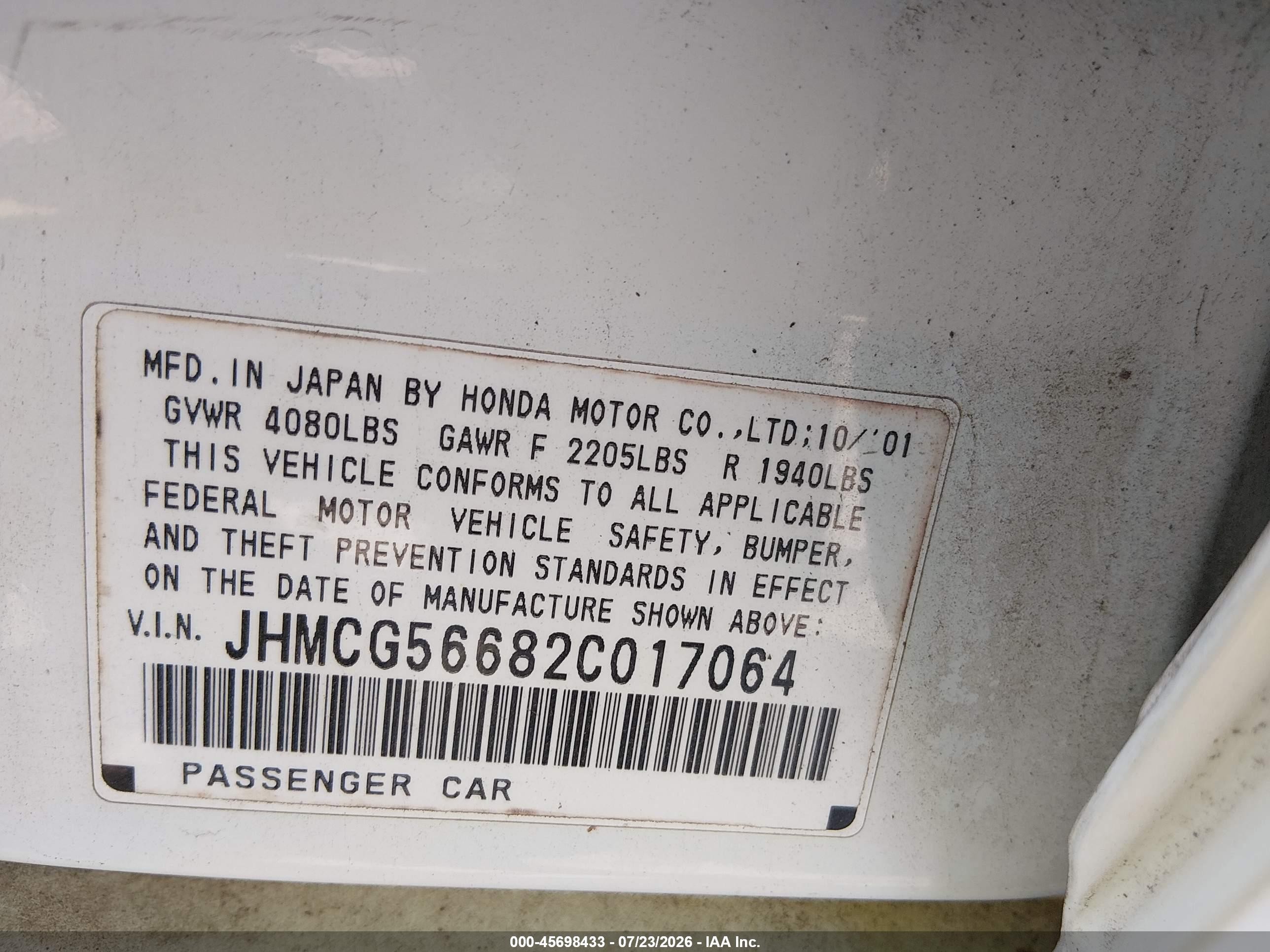 2002 Honda Accord 2.3 Ex White vin: JHMCG56682C017064