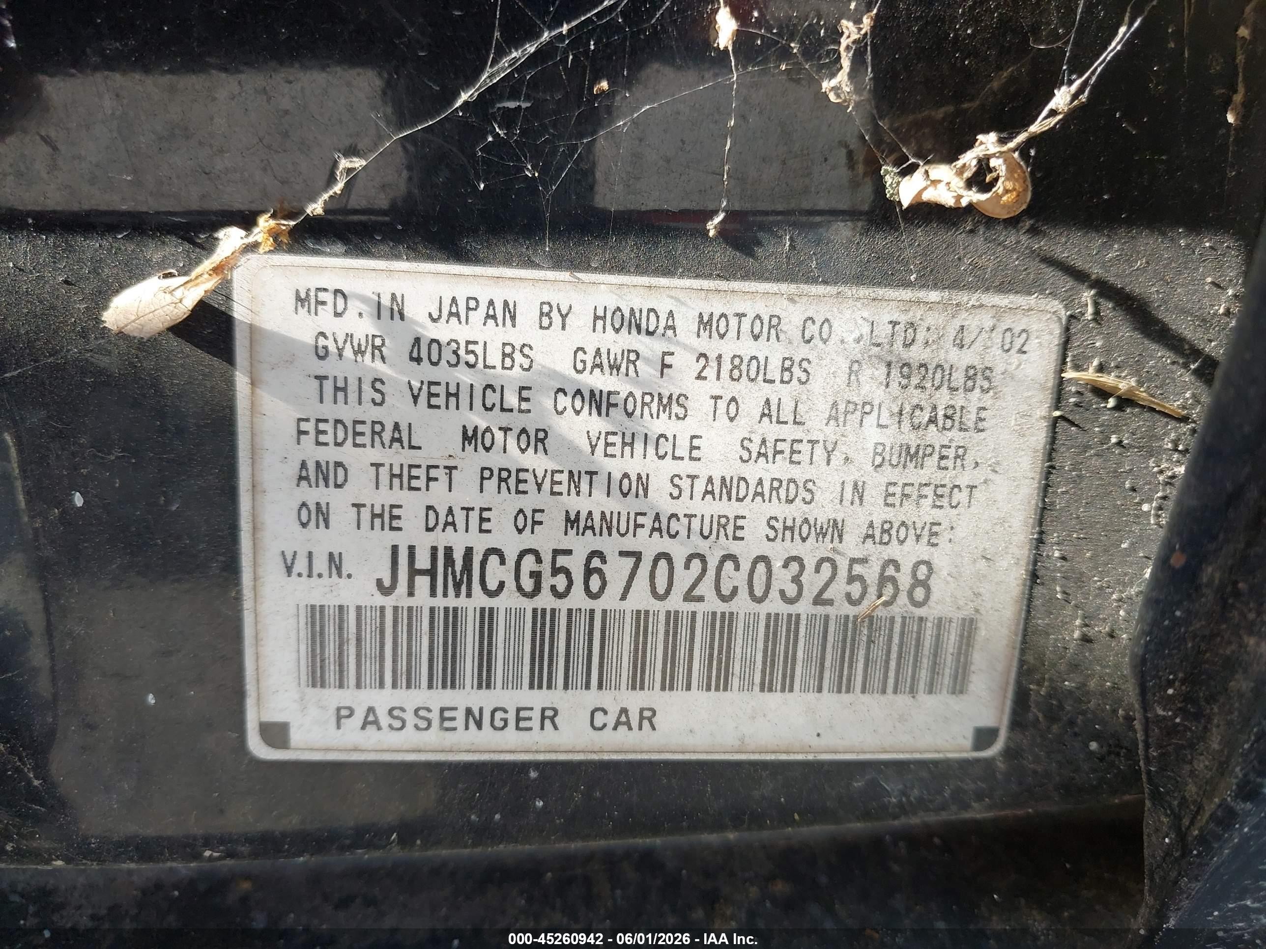 2002 Honda Accord 2.3 Se Black vin: JHMCG56702C032568