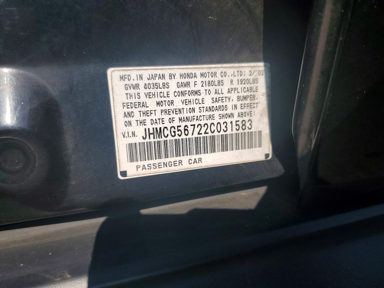 2002 Honda Accord Se Black vin: JHMCG56722C031583