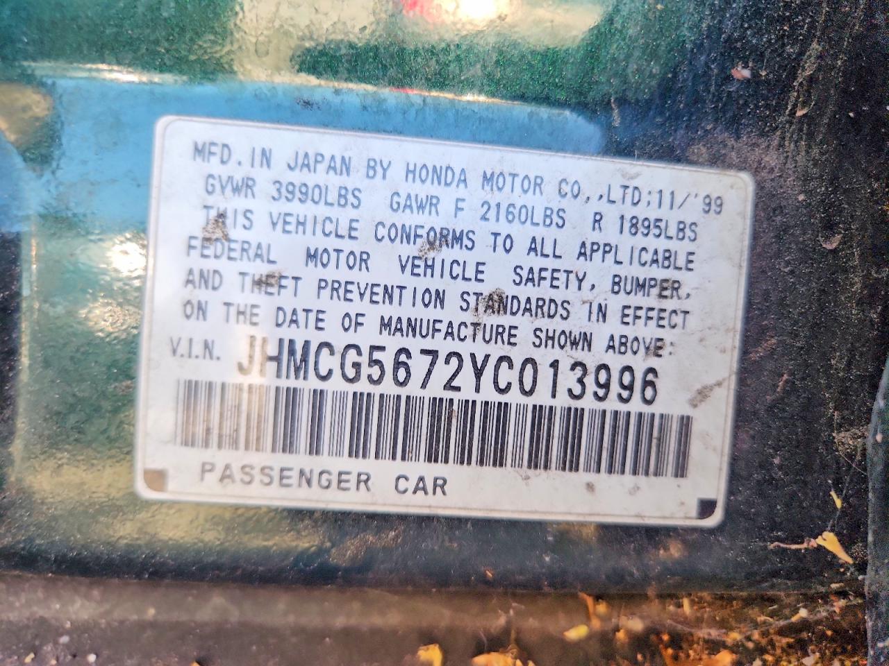 2000 Honda Accord Se Green vin: JHMCG5672YC013996