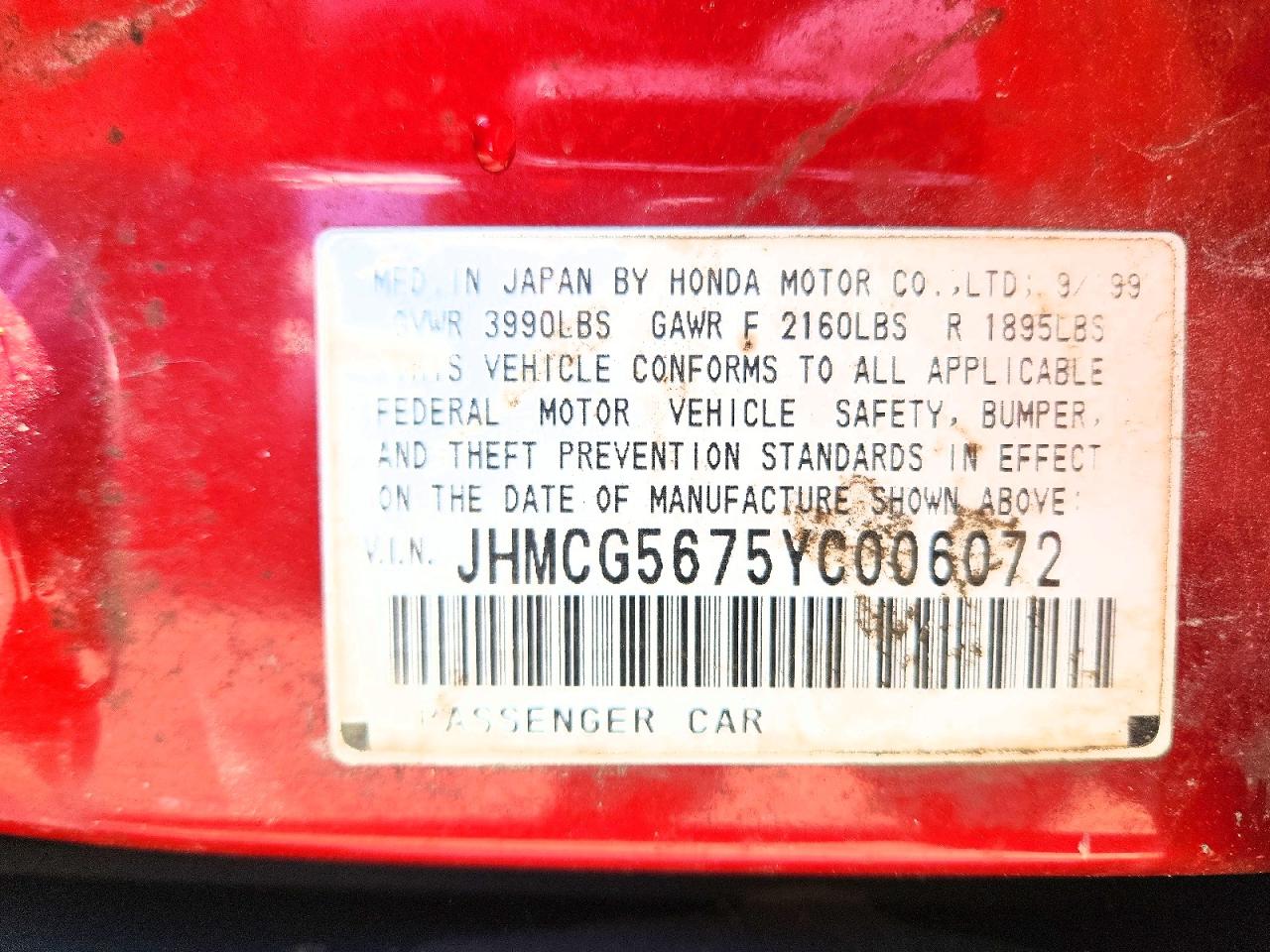 2000 Honda Accord Se Red vin: JHMCG5675YC006072