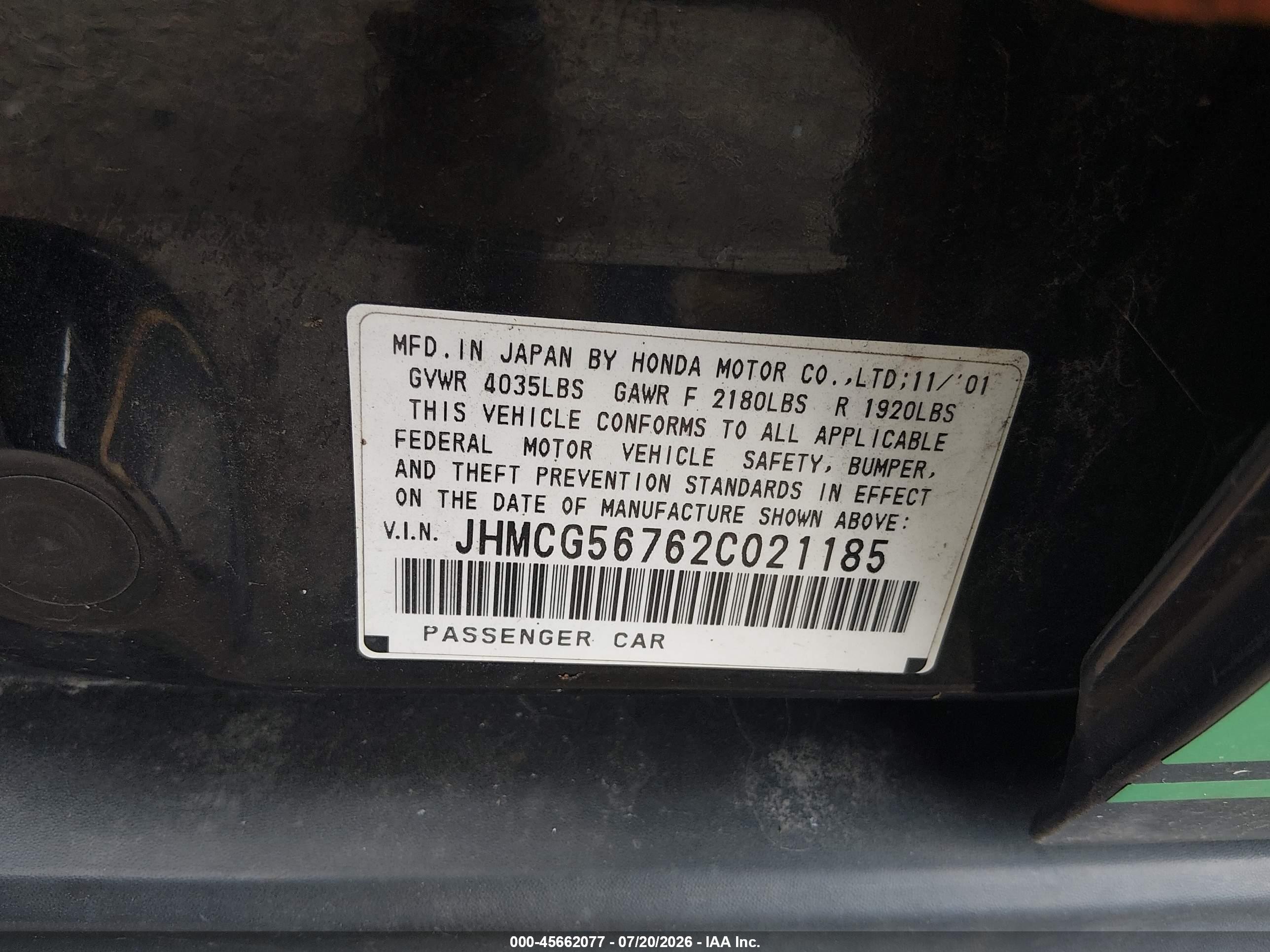 2002 Honda Accord 2.3 Se Black vin: JHMCG56762C021185