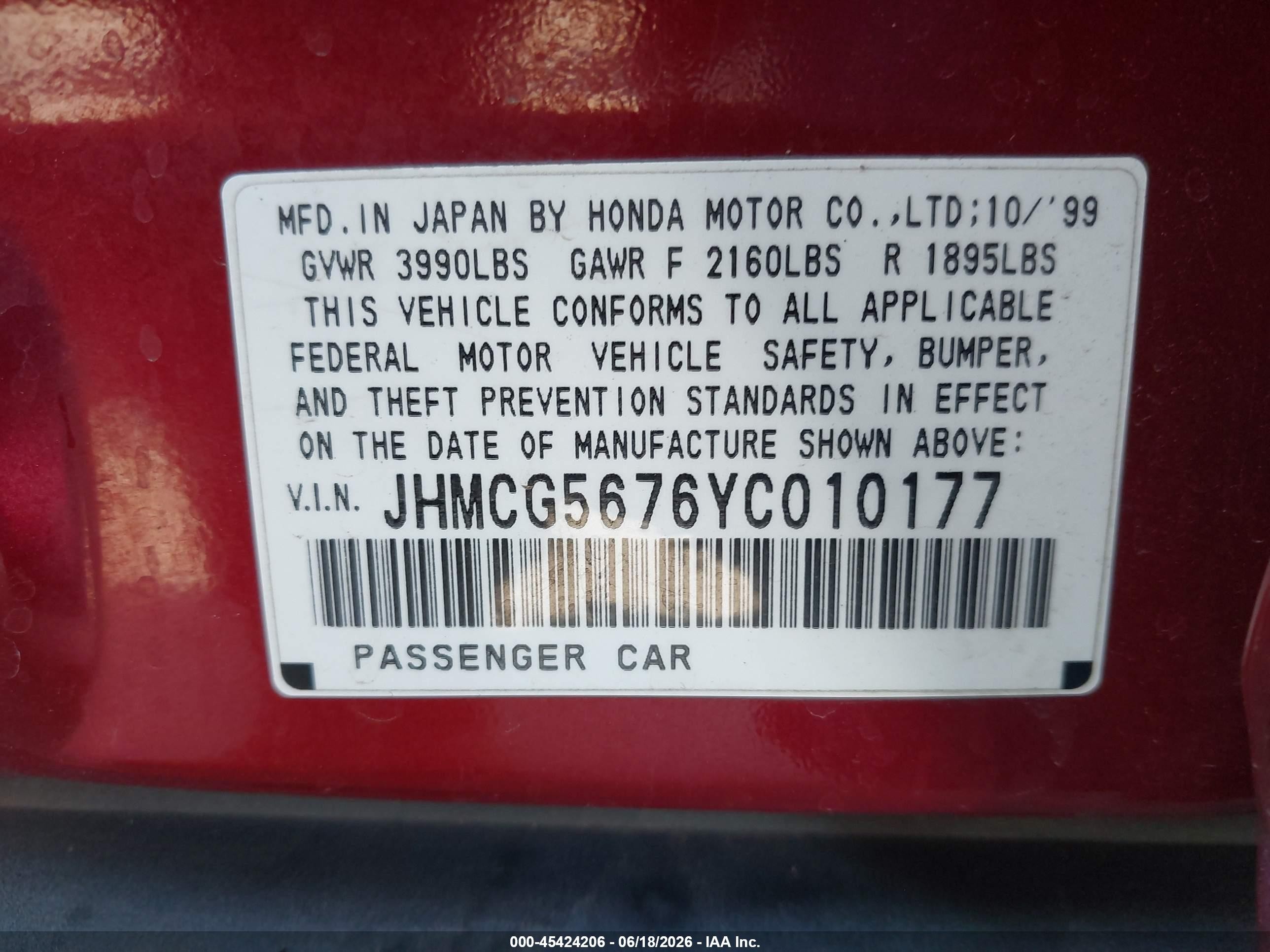 2000 Honda Accord 2.3 Se Red vin: JHMCG5676YC010177