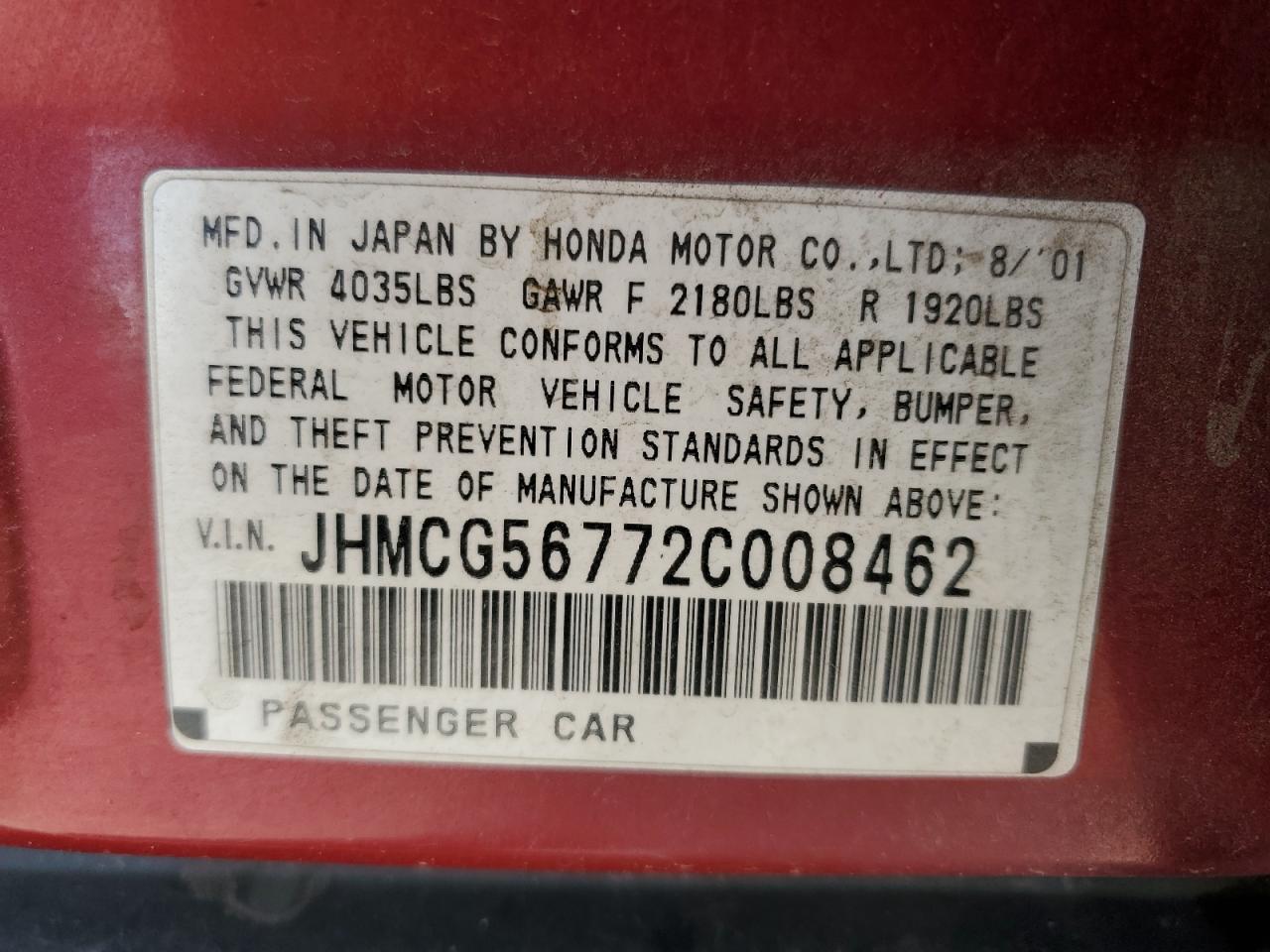 2002 Honda Accord Se Red vin: JHMCG56772C008462