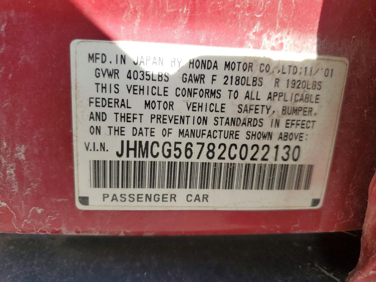 2002 Honda Accord Se Red vin: JHMCG56782C022130