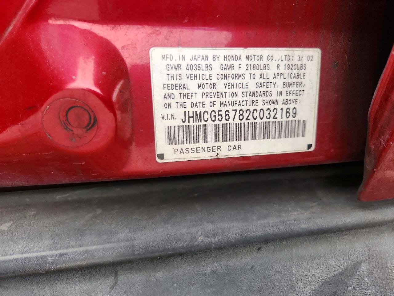 2002 Honda Accord Se Red vin: JHMCG56782C032169