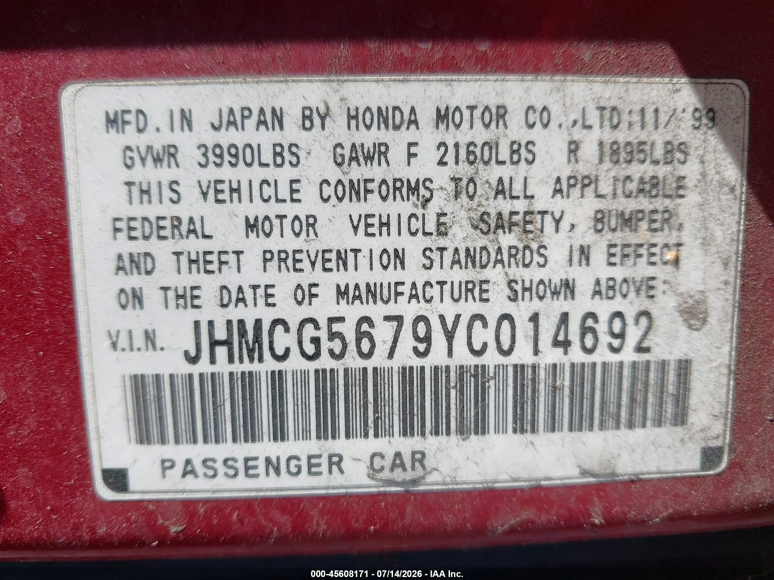 2000 Honda Accord 2.3 Se Black vin: JHMCG5679YC014692