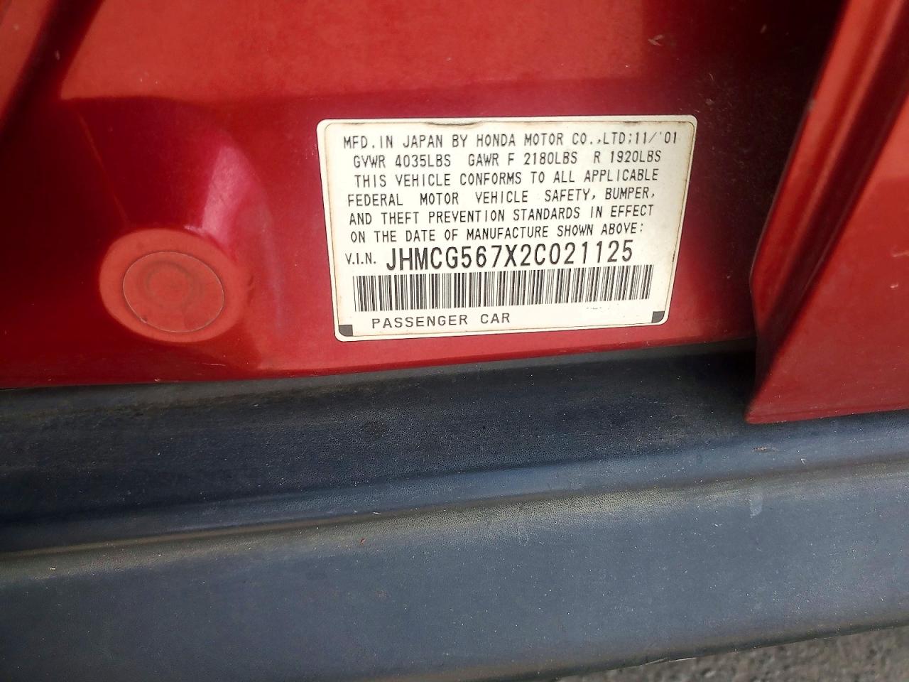 2002 Honda Accord Se Burgundy vin: JHMCG567X2C021125