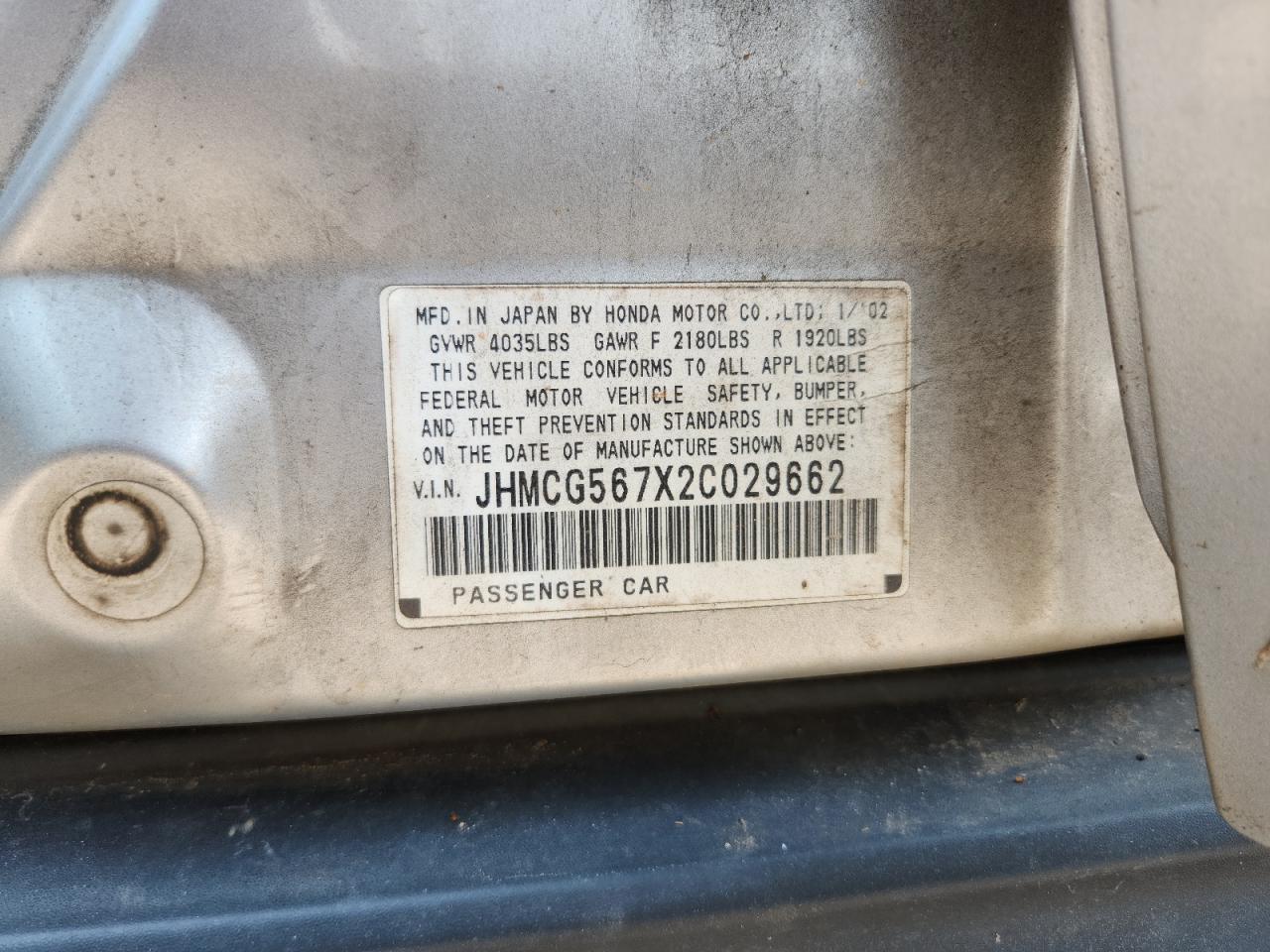 2002 Hond Accord Silver vin: JHMCG567X2C029662