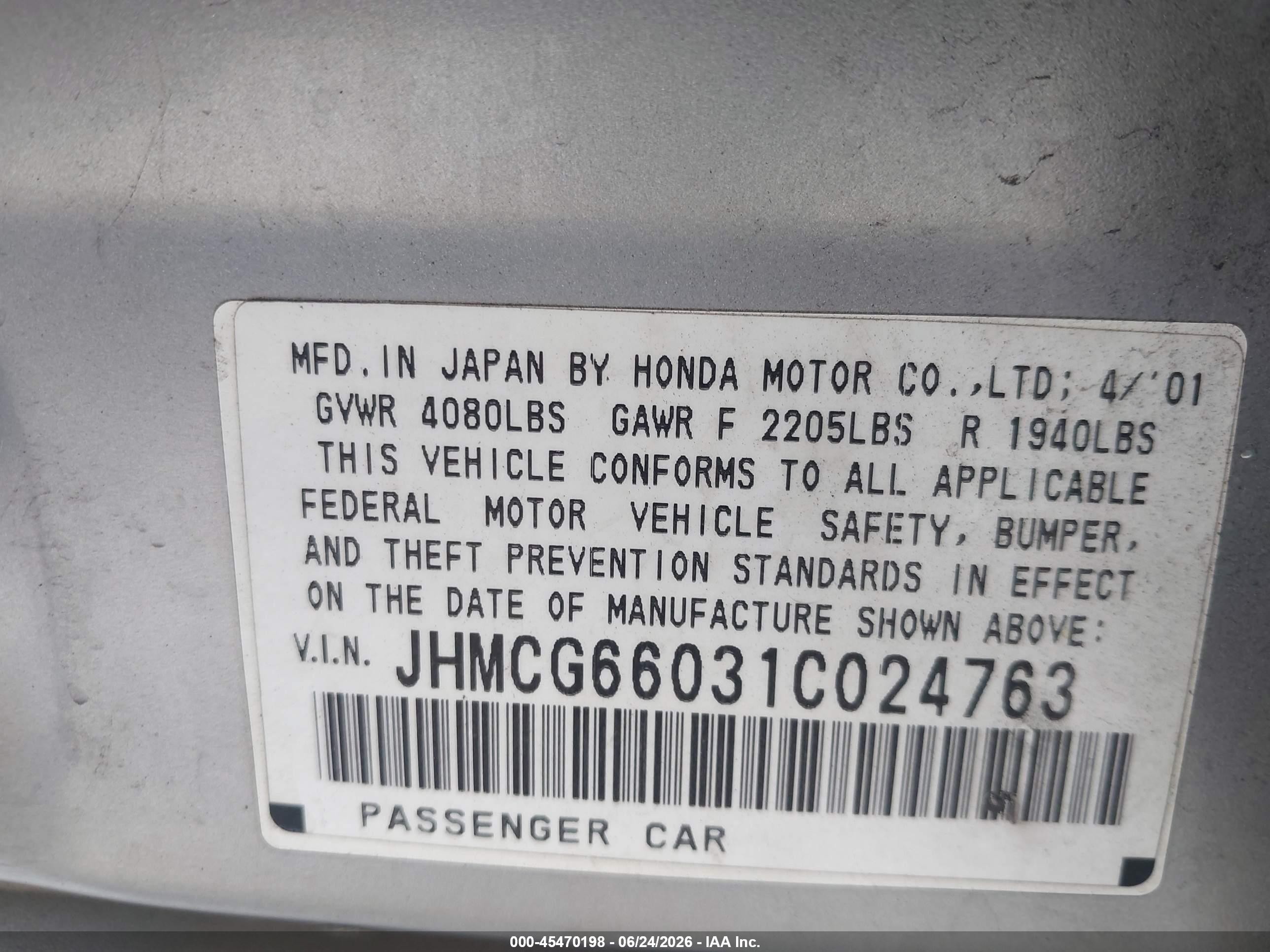 2001 Honda Accord 2.3 Ex Gray vin: JHMCG66031C024763
