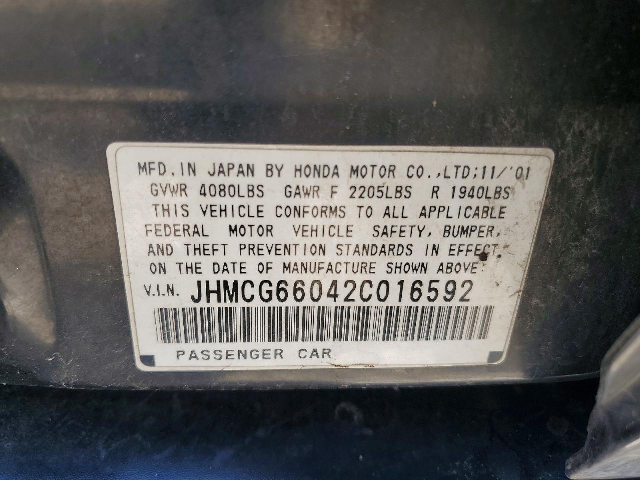 2002 Honda Accord Ex Black vin: JHMCG66042C016592