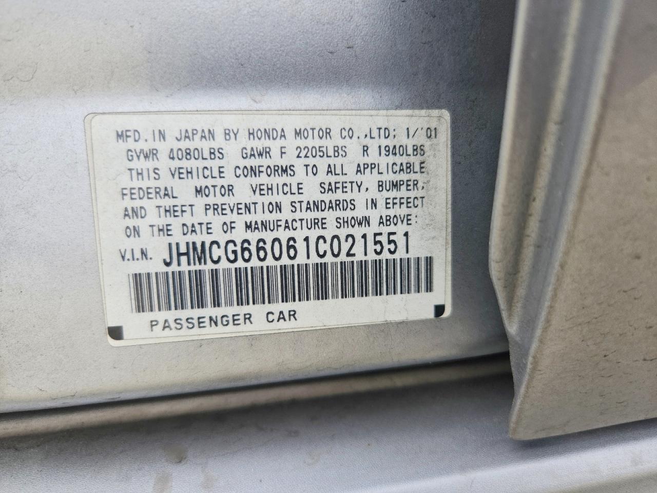 2001 Honda Accord Ex Silver vin: JHMCG66061C021551