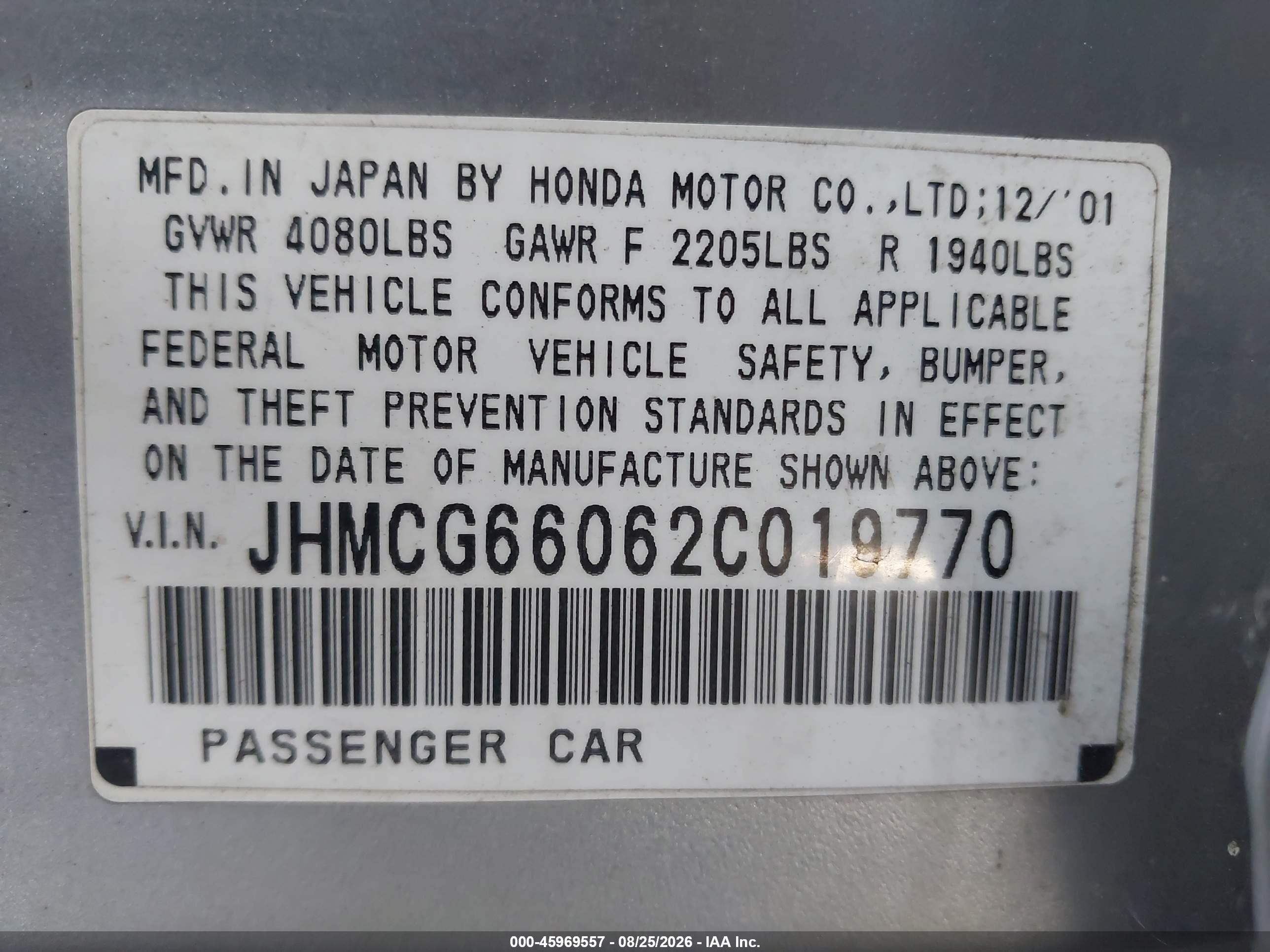 2002 Honda Accord 2.3 Ex Silver vin: JHMCG66062C019770
