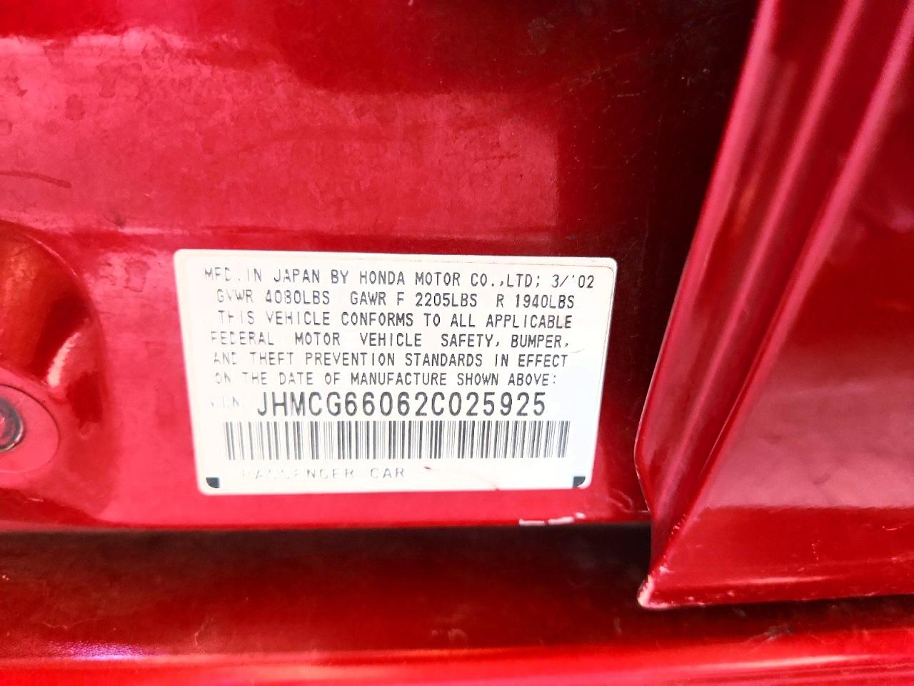 2002 Honda Accord Ex Red vin: JHMCG66062C025925