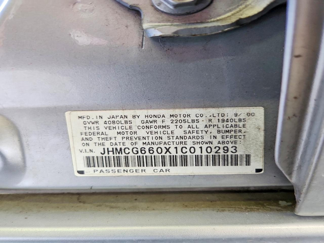 2001 Honda Accord Ex Silver vin: JHMCG660X1C010293