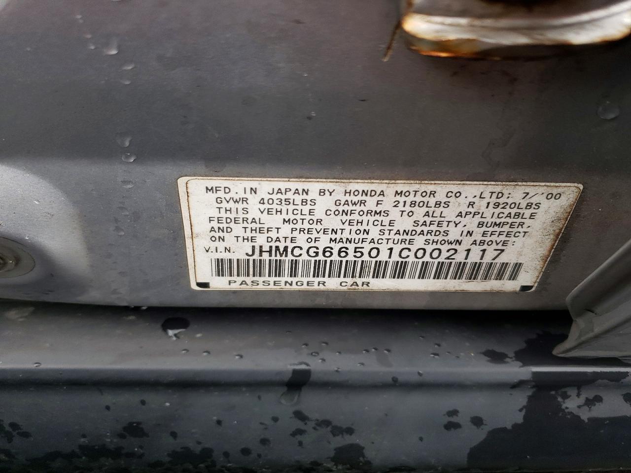 2001 Honda Accord 4d Lx Серый vin: JHMCG66501C002117