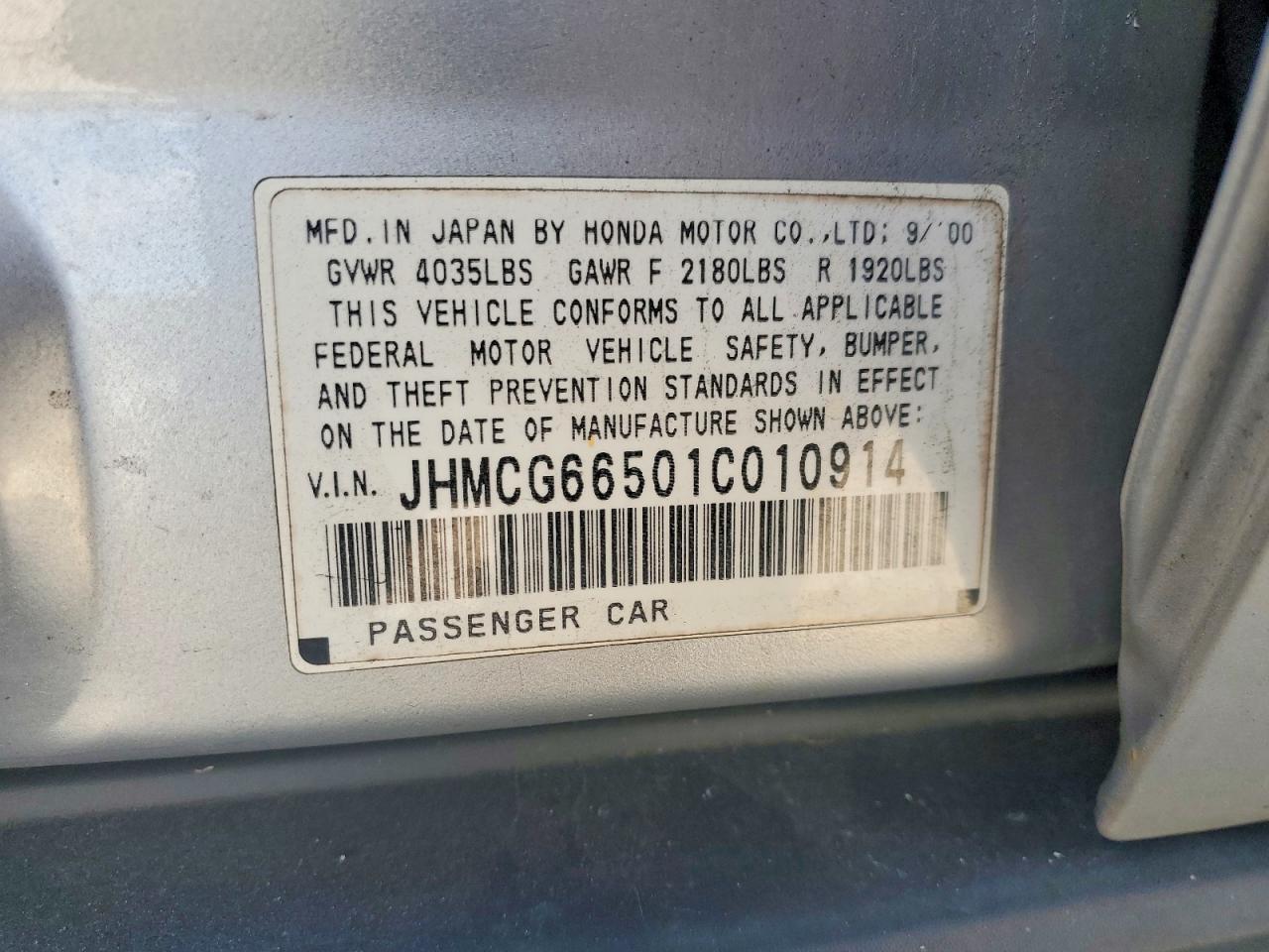 2001 Honda Accord Lx Silver vin: JHMCG66501C010914