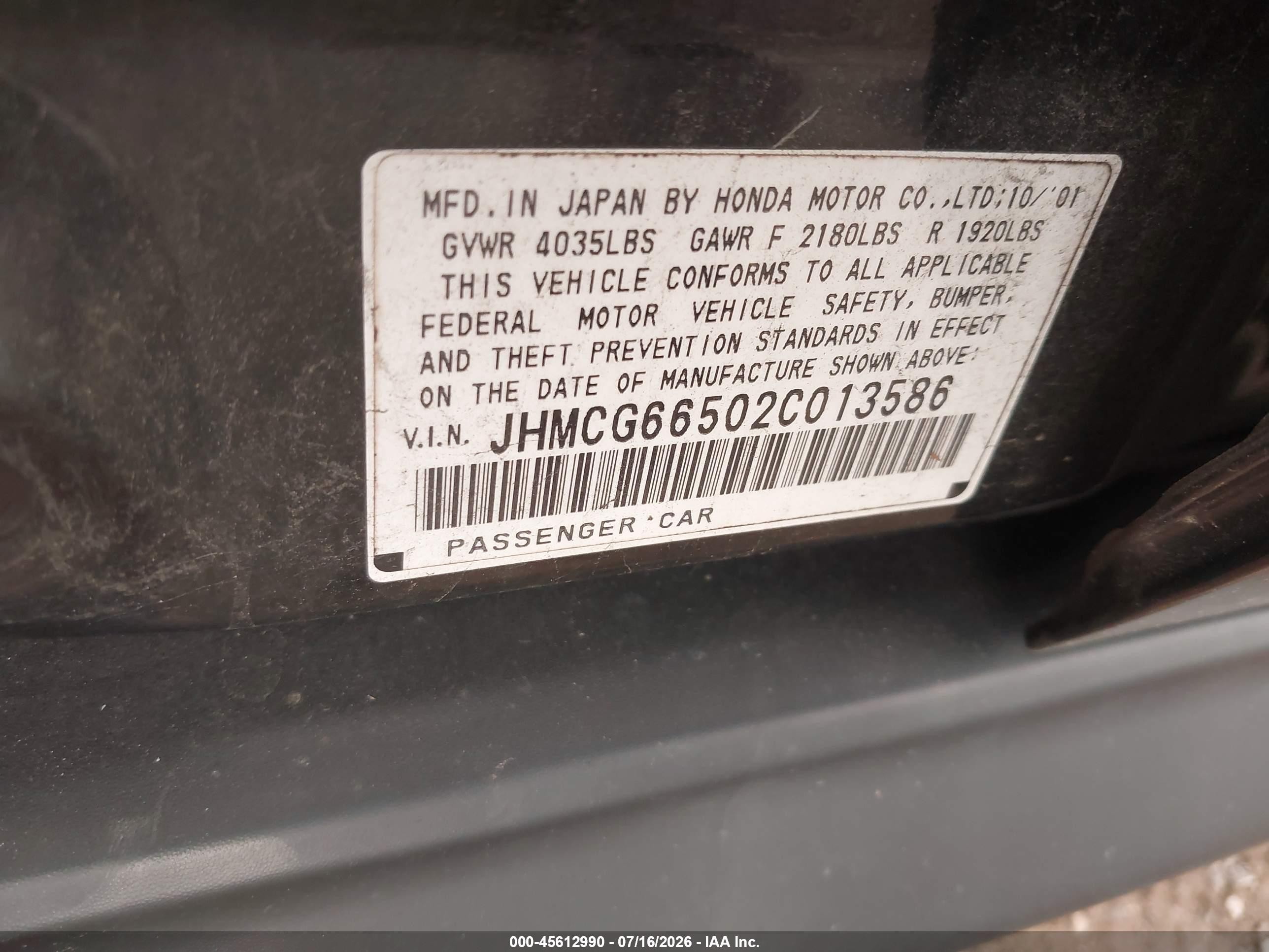 2002 Honda Accord 2.3 Lx Black vin: JHMCG66502C013586
