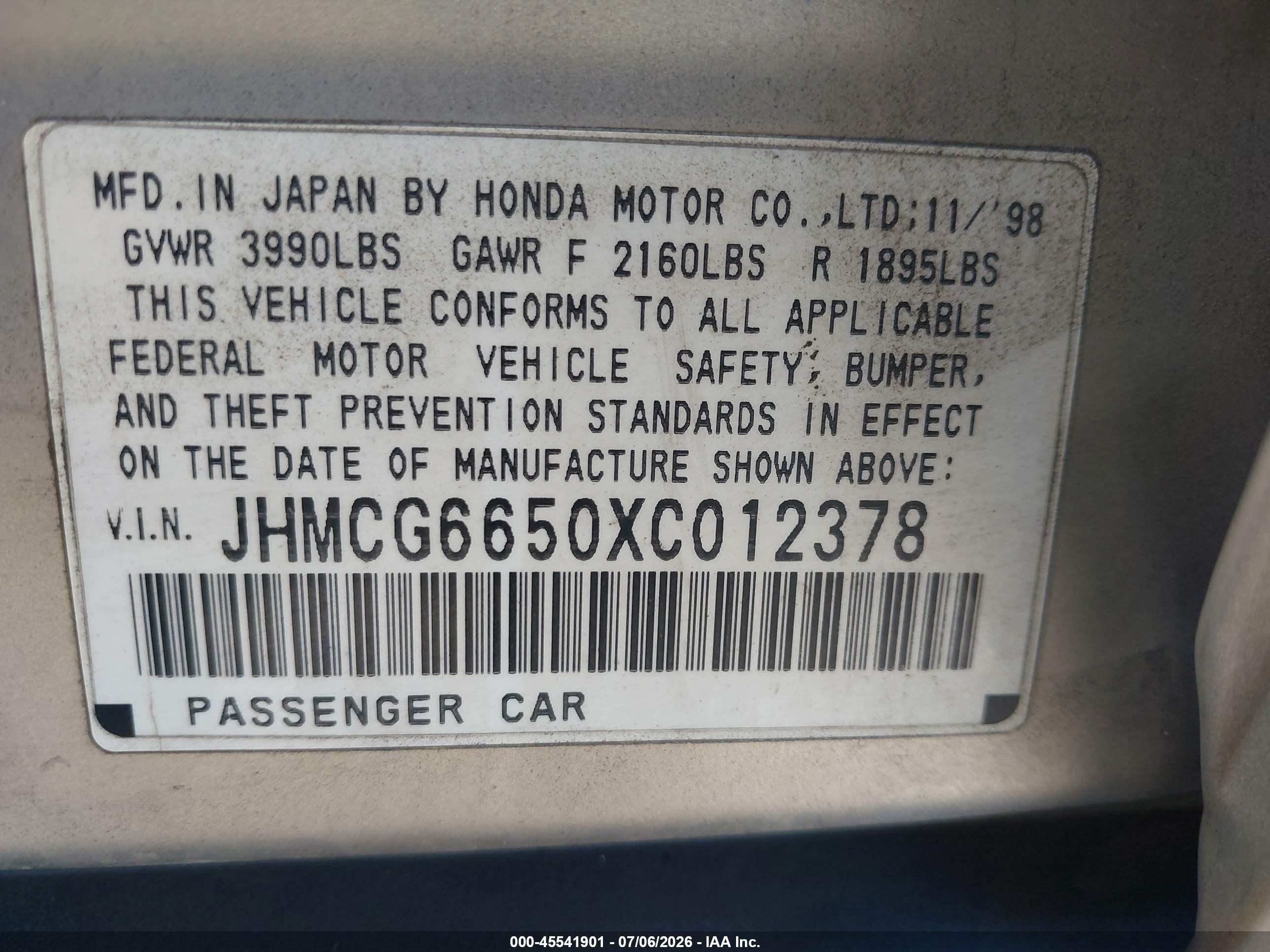1999 Honda Accord Lx Beige vin: JHMCG6650XC012378