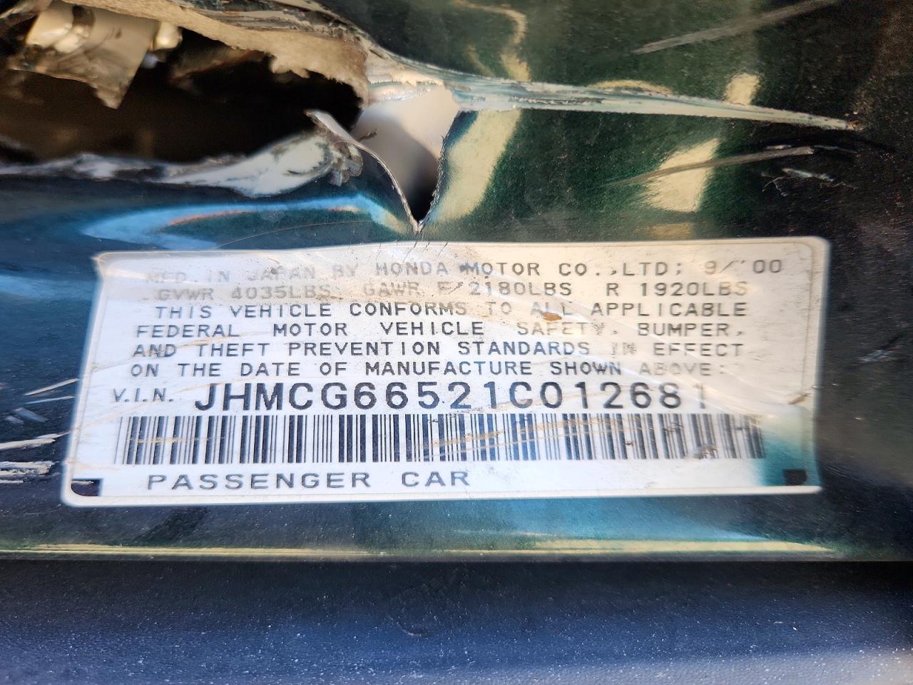 2001 Honda Accord Lx Green vin: JHMCG66521C012681