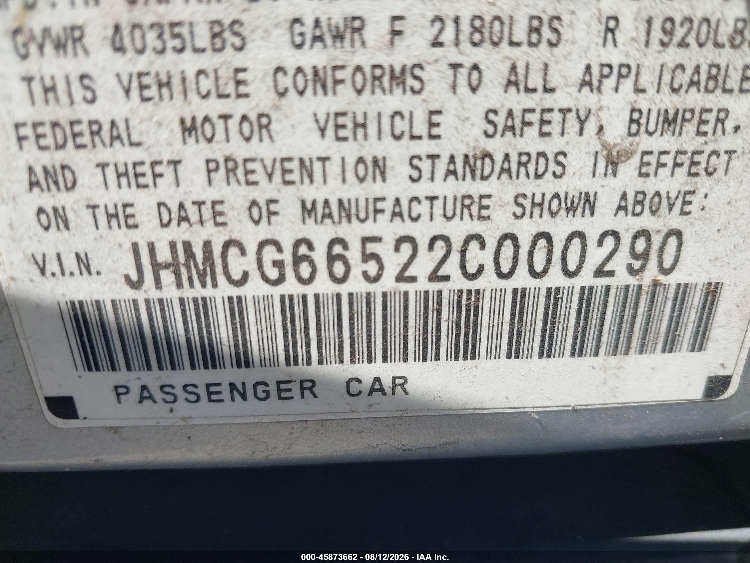 2002 Honda Accord 2.3 Lx Silver vin: JHMCG66522C000290