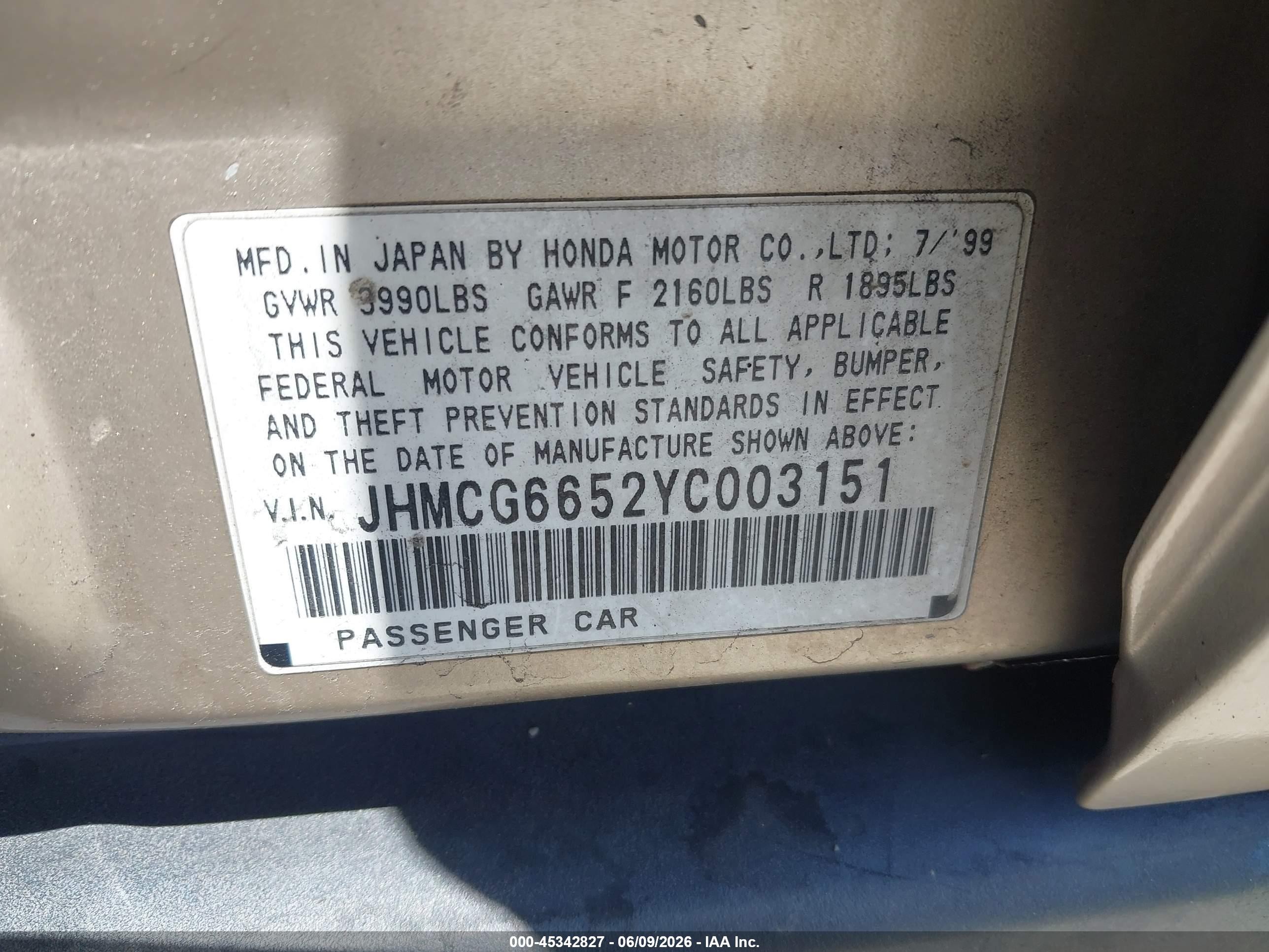 2000 Honda Accord 2.3 Lx Gold vin: JHMCG6652YC003151