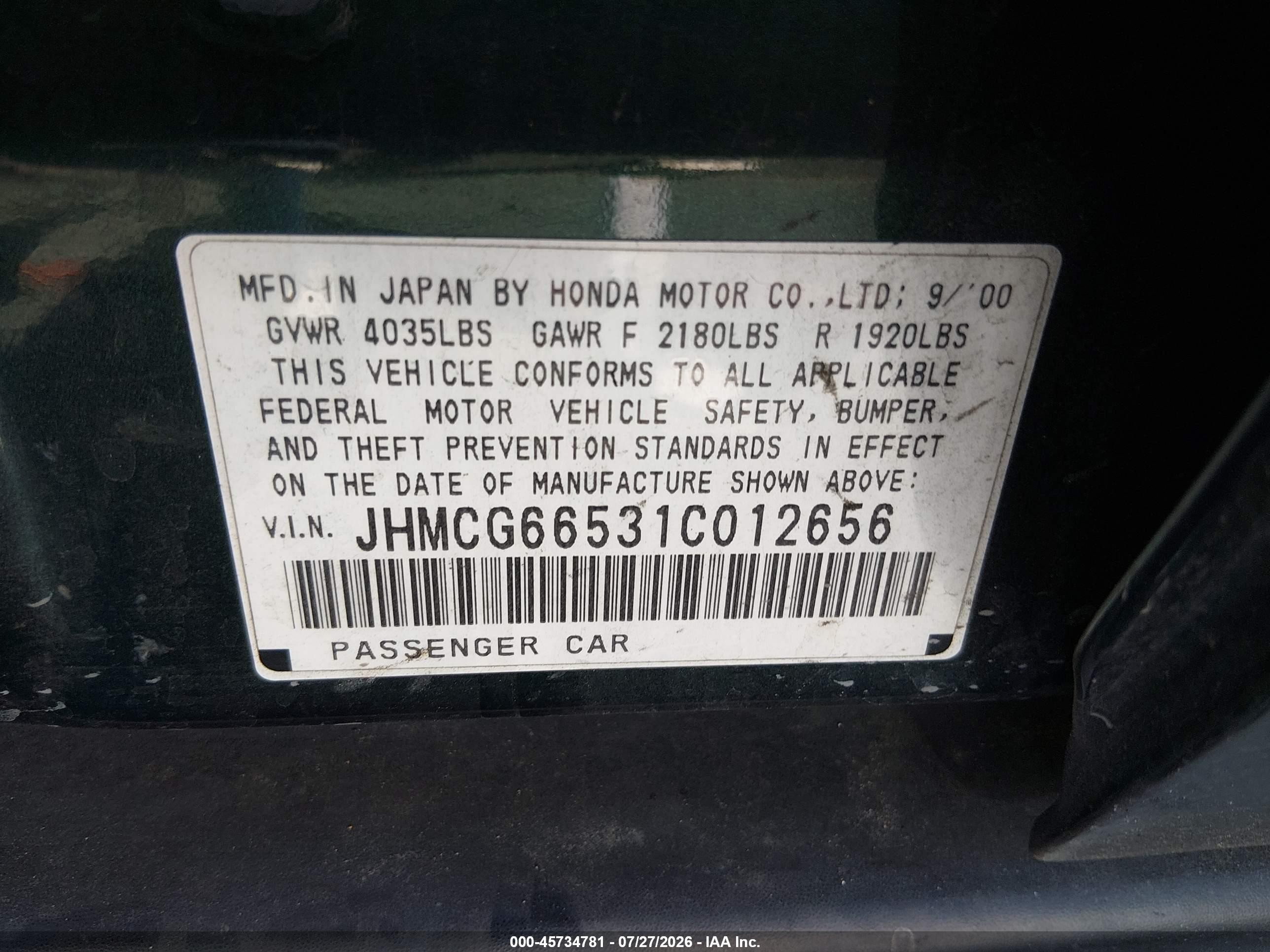2001 Honda Accord 2.3 Lx Green vin: JHMCG66531C012656