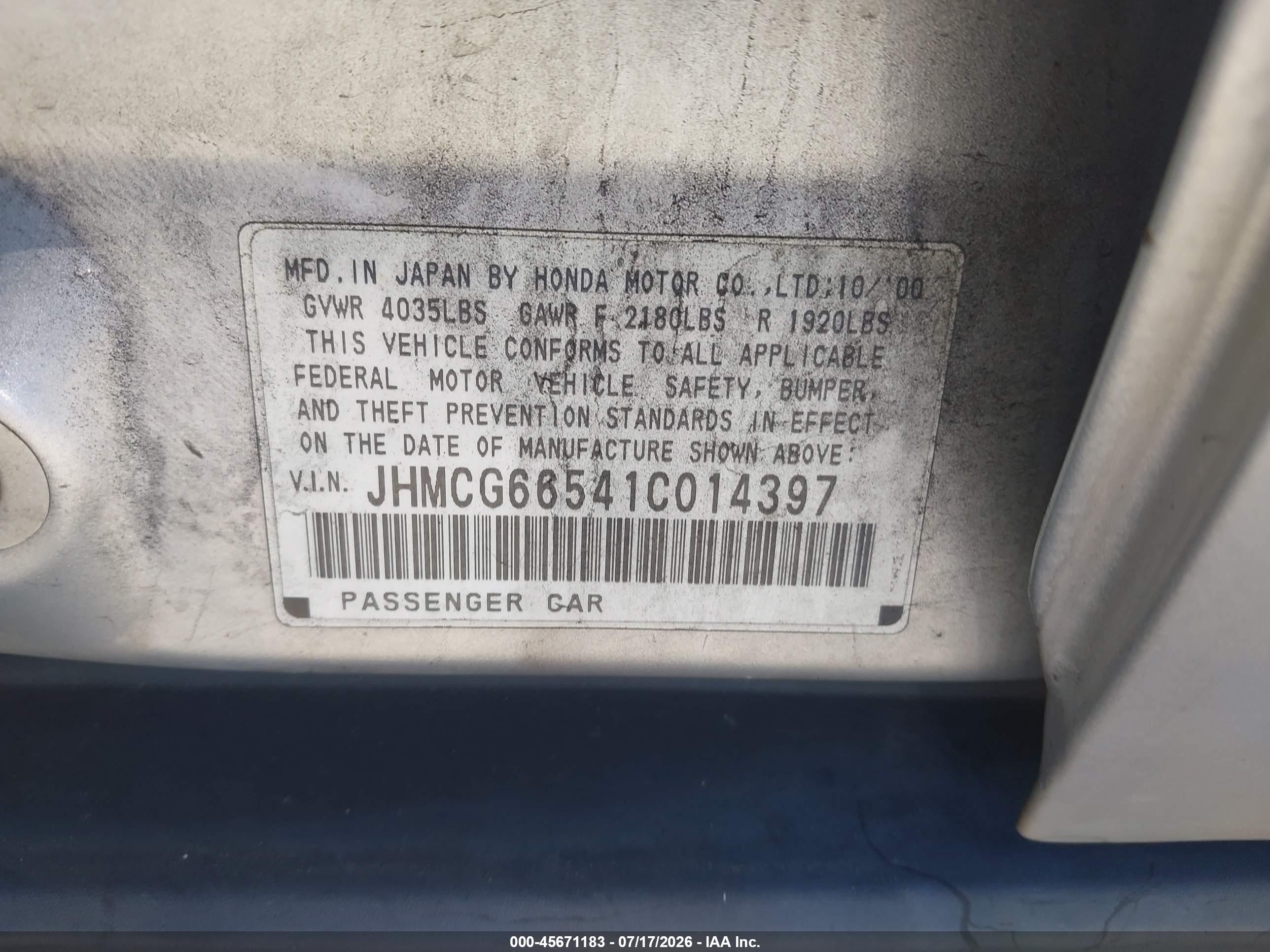 2001 Honda Accord 2.3 Lx Silver vin: JHMCG66541C014397