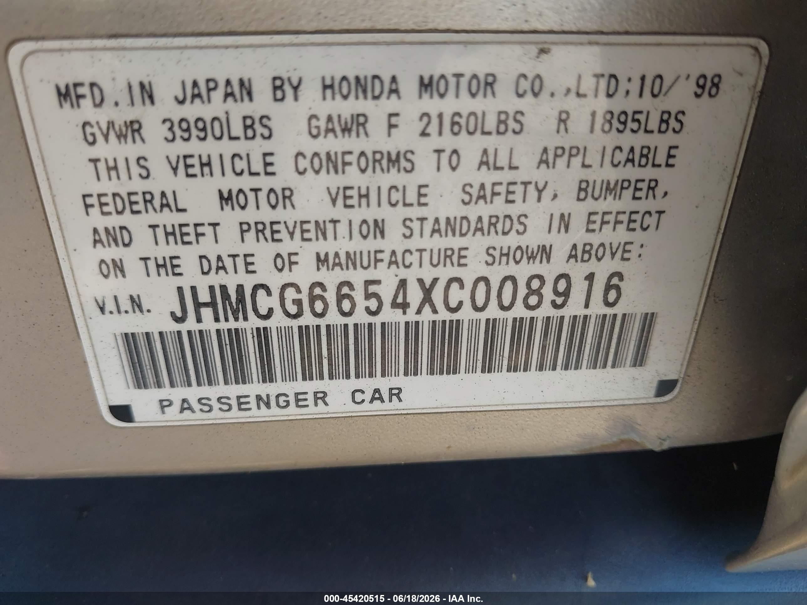 1999 Honda Accord Lx Gold vin: JHMCG6654XC008916