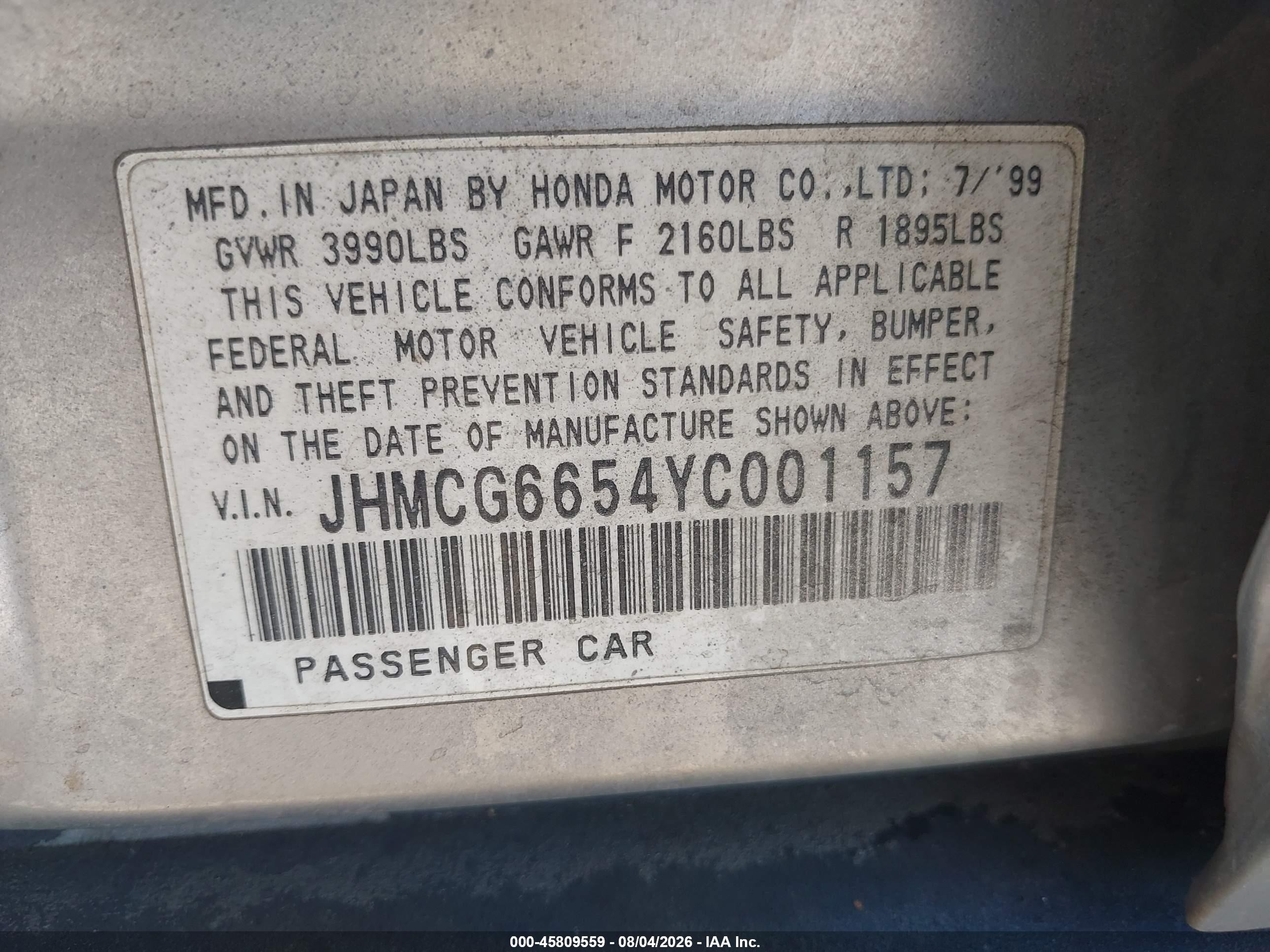2000 Honda Accord 2.3 Lx Серый vin: JHMCG6654YC001157