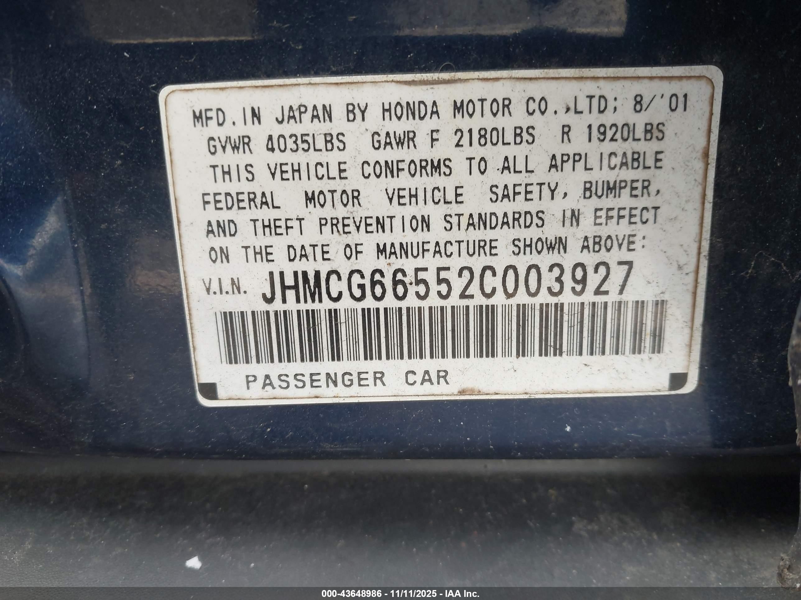 2002 Honda Accord 2.3 Lx Blue vin: JHMCG66552C003927