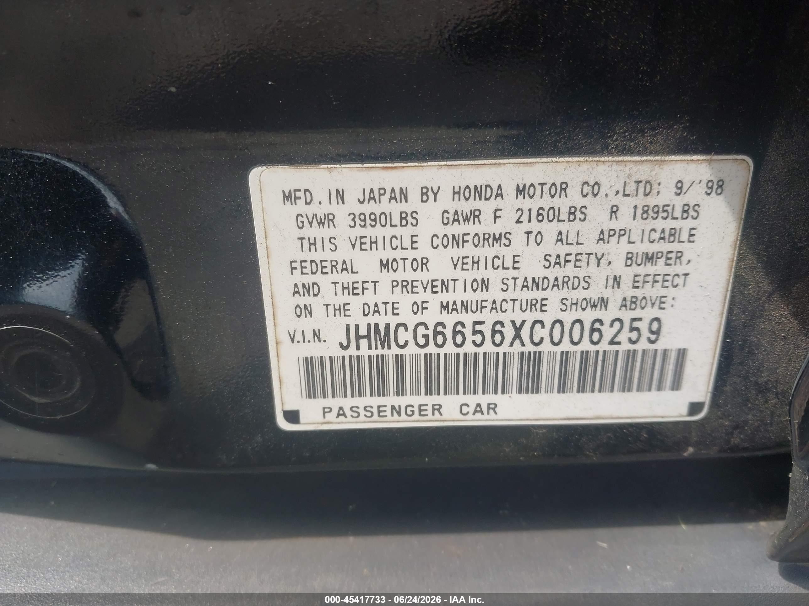 1999 Honda Accord Lx Черный vin: JHMCG6656XC006259
