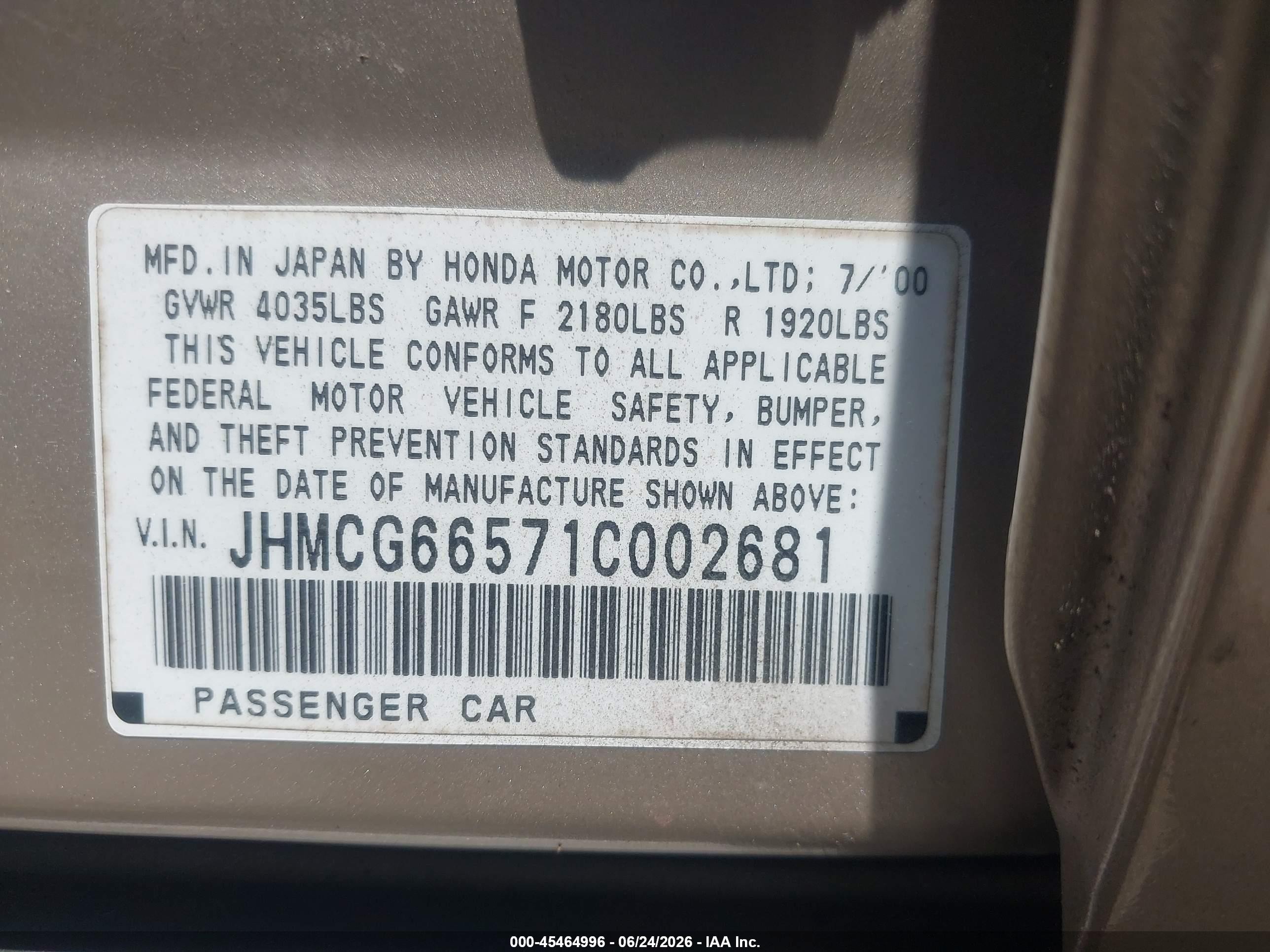 2001 Honda Accord 2.3 Lx Желто-коричневый vin: JHMCG66571C002681