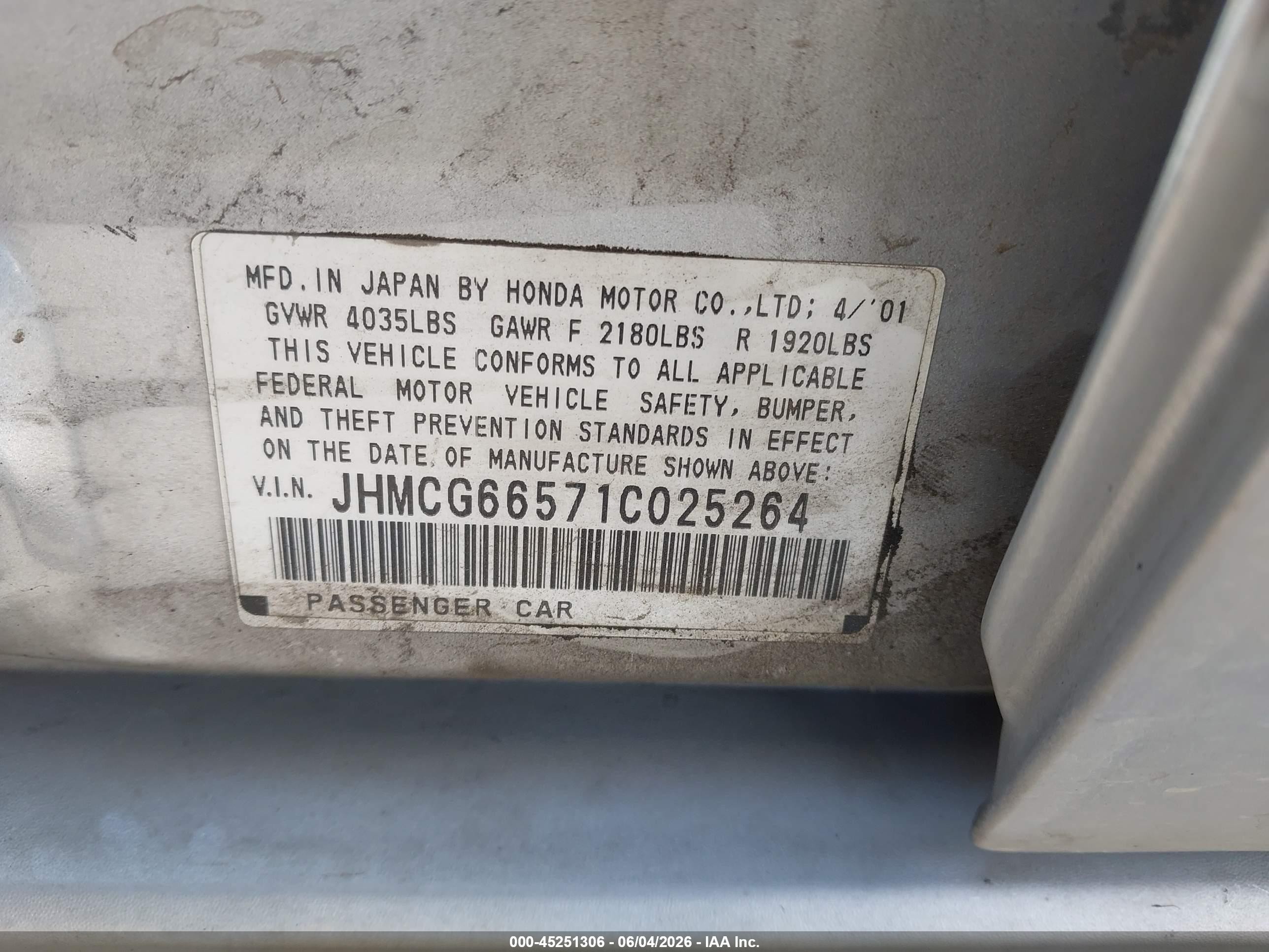 2001 Honda Accord 2.3 Lx Silver vin: JHMCG66571C025264
